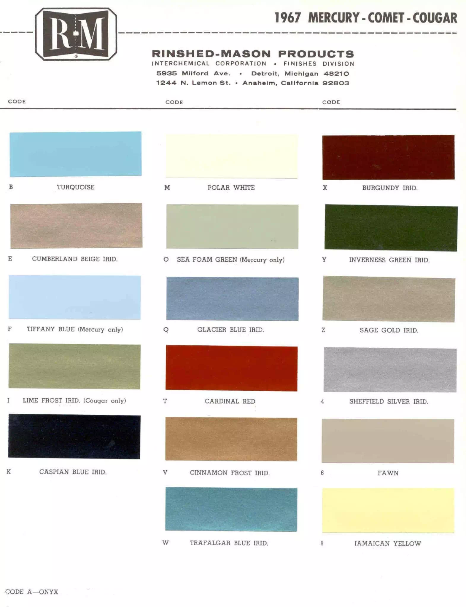 1967 Mercury Paint Chart and Paint Codes Color examaples and the codes to look them up to get touch up paint or respray for Mercury Vehicles