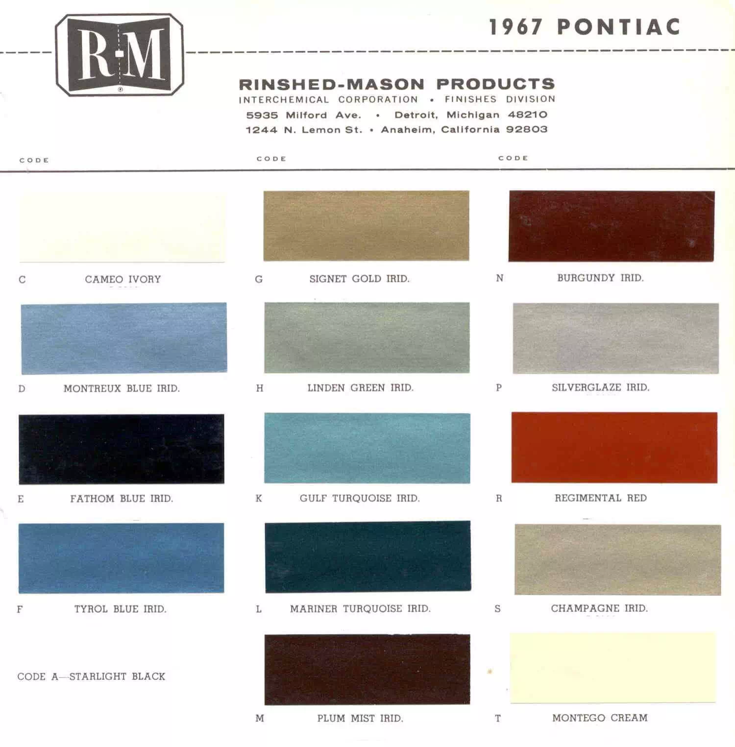 1960 To 1969 Gm Paint Codes And Color Charts