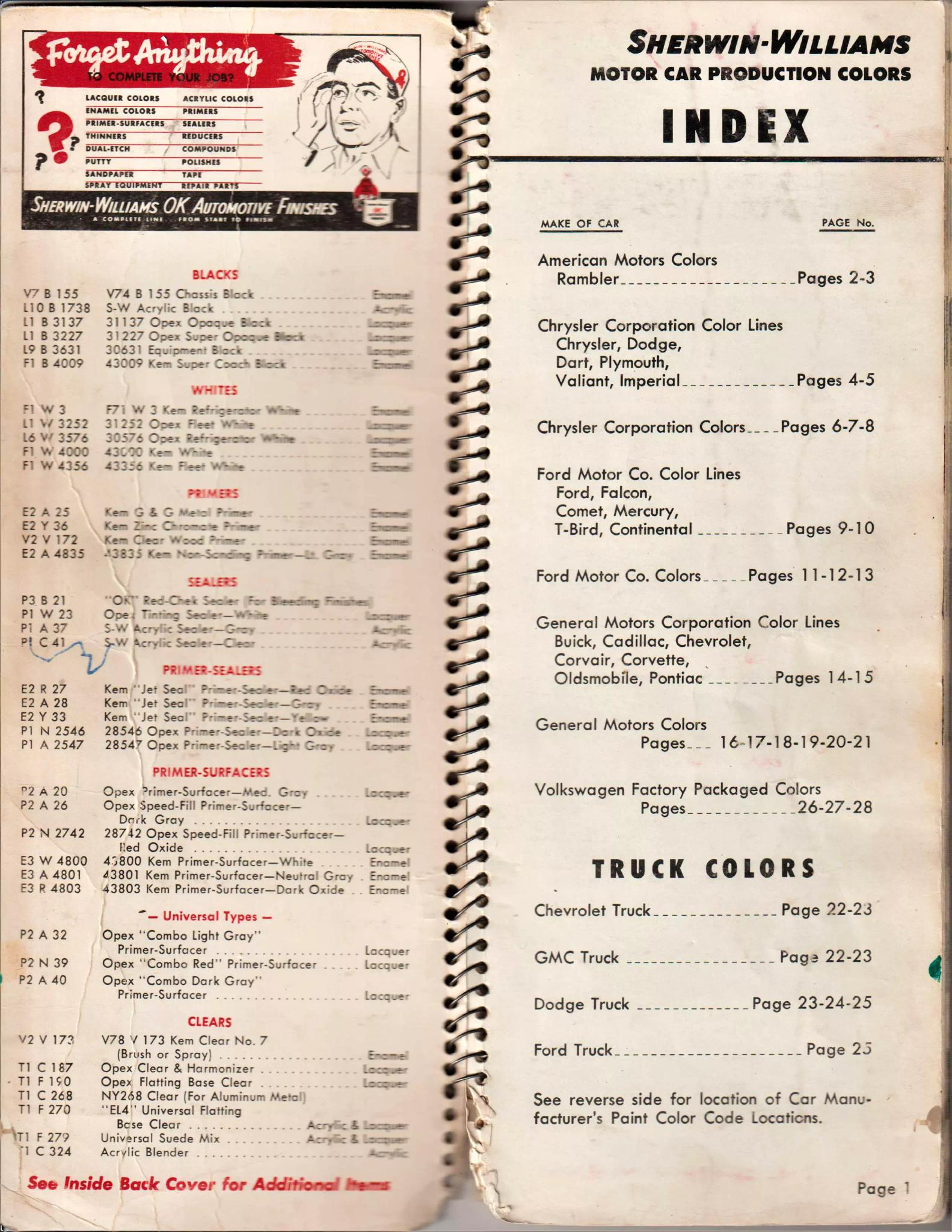 1967 Automotive Book Index Paint color examples, their ordering codes, the oem color code, and vehicles the color was used on