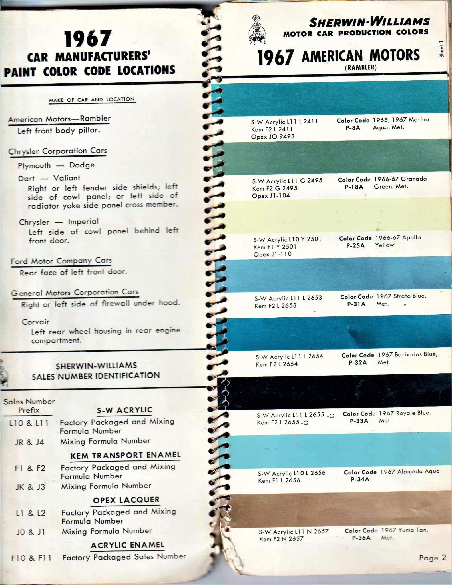 1967 Amc Paint Codes & Color Chart Paint color examples, their ordering codes, the oem color code, and vehicles the color was used on