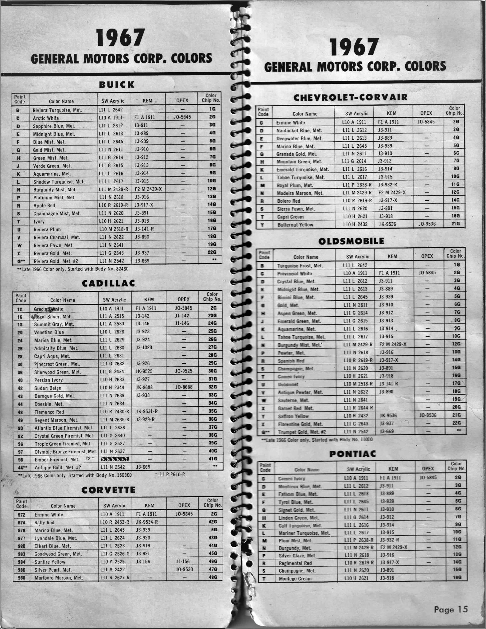 1967 General Motors, Buick, Cadillac, Chevrolet, Corvair, Corvette, Oldsmobile, F-85, Pontiac & Tempest Paint Codes & Color Chart Paint color examples, their ordering codes, the oem color code, and vehicles the color was used on