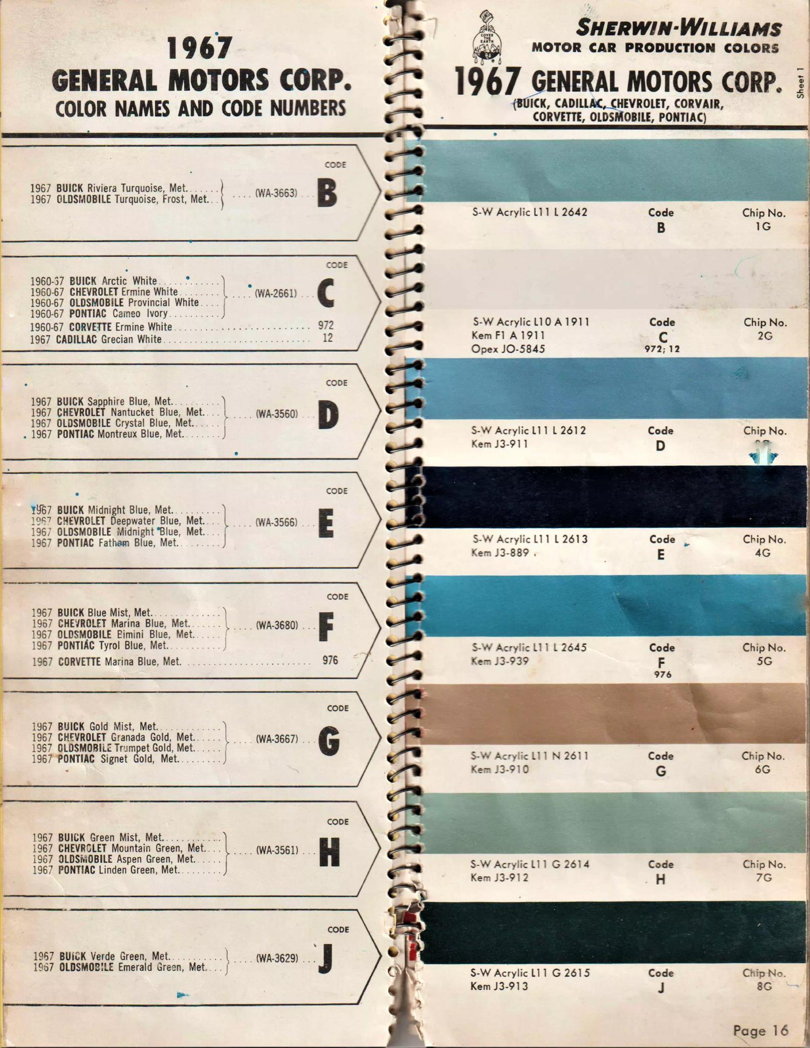 1967 General Motors, Buick, Cadillac, Chevrolet, Corvair, Corvette, Oldsmobile, F-85, Pontiac & Tempest Paint Codes & Color Chart Paint color examples, their ordering codes, the oem color code, and vehicles the color was used on