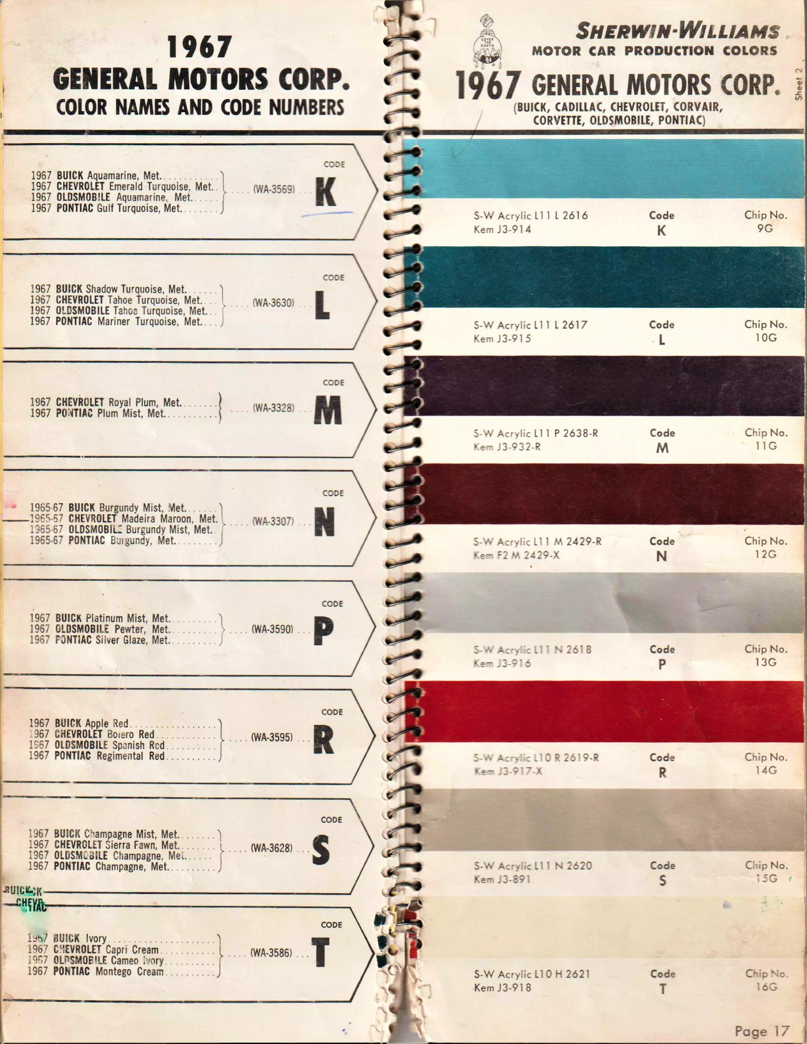 1967 General Motors, Buick, Cadillac, Chevrolet, Corvair, Corvette, Oldsmobile, F-85, Pontiac & Tempest Paint Codes & Color Chart Paint color examples, their ordering codes, the oem color code, and vehicles the color was used on