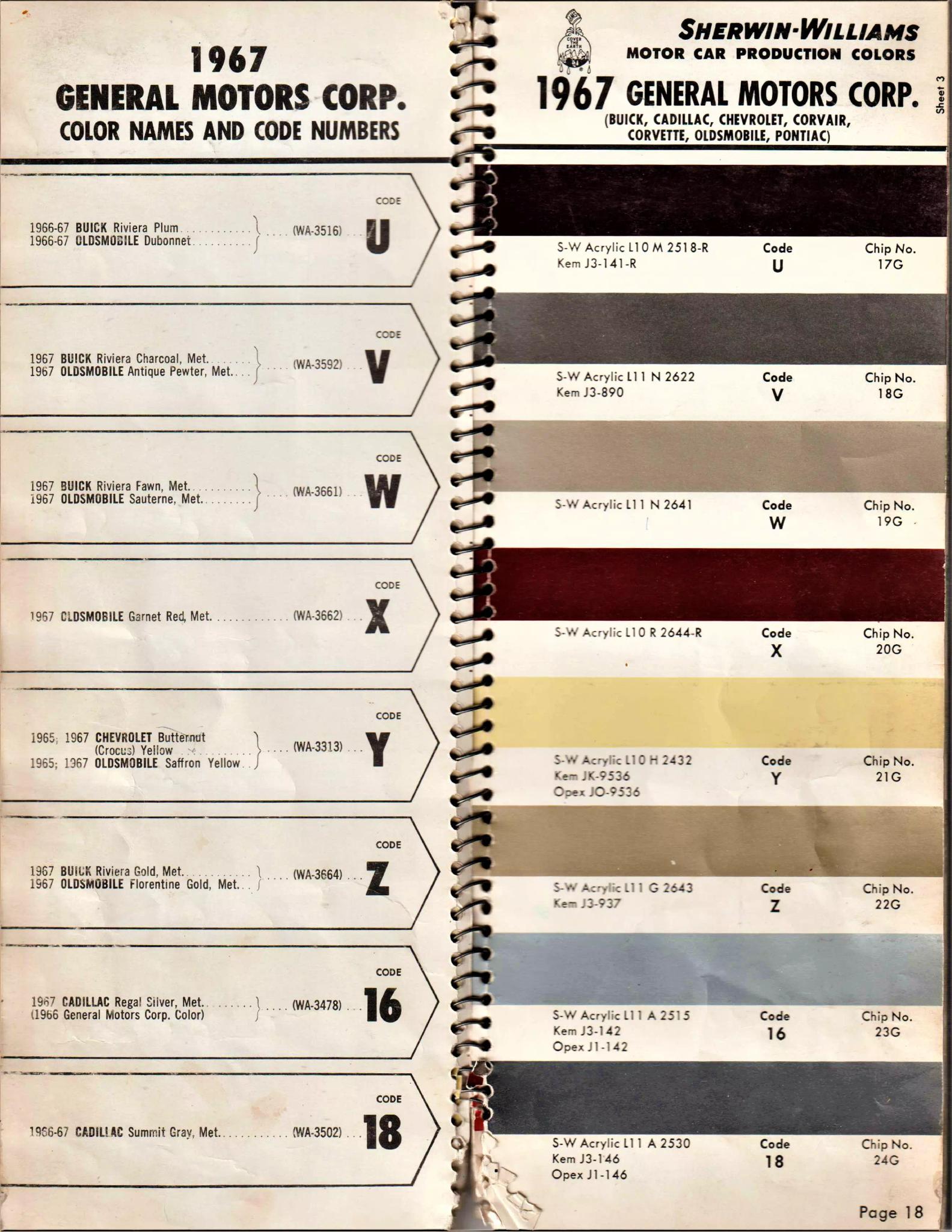 1967 General Motors, Buick, Cadillac, Chevrolet, Corvair, Corvette, Oldsmobile, F-85, Pontiac & Tempest Paint Codes & Color Chart Paint color examples, their ordering codes, the oem color code, and vehicles the color was used on