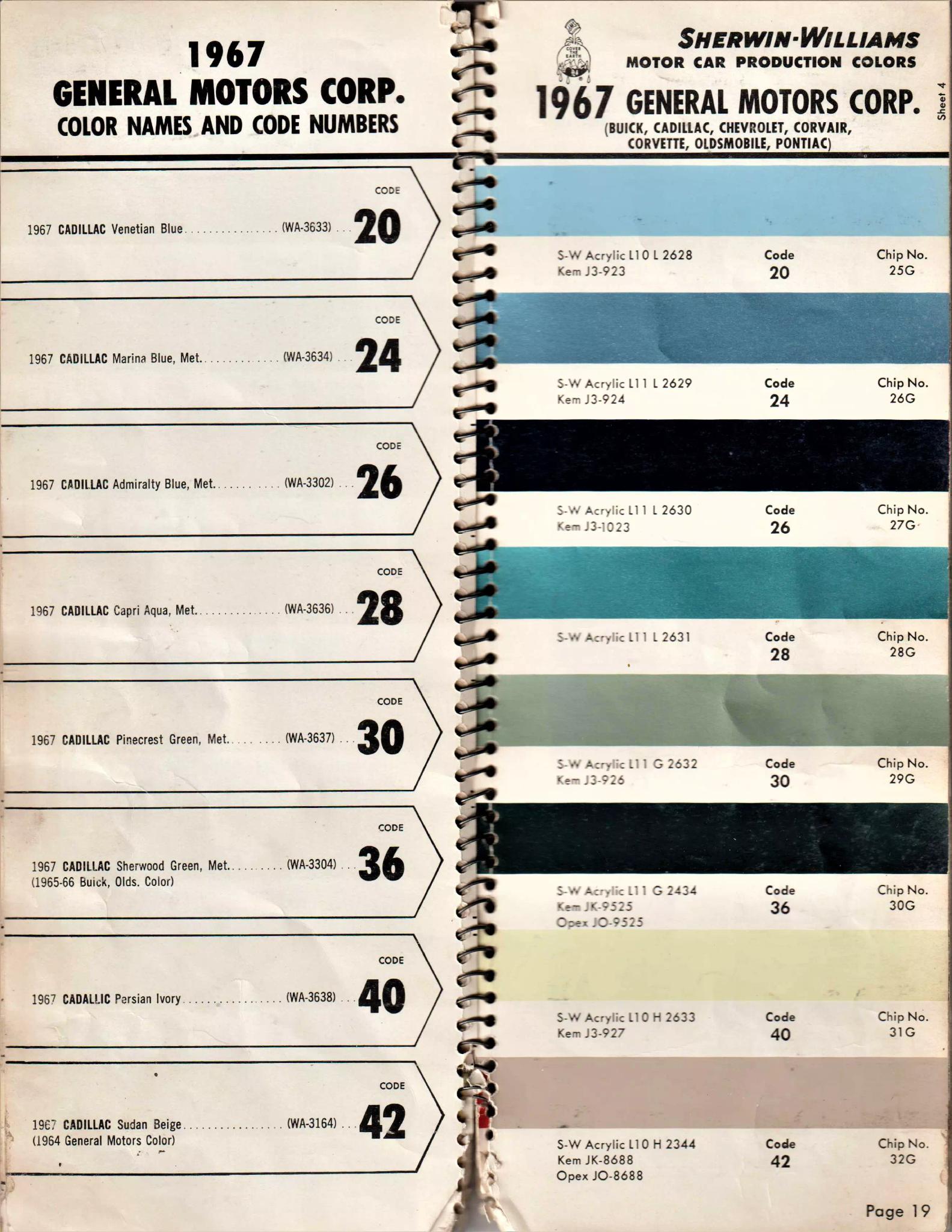 1967 General Motors, Buick, Cadillac, Chevrolet, Corvair, Corvette, Oldsmobile, F-85, Pontiac & Tempest Paint Codes & Color Chart Paint color examples, their ordering codes, the oem color code, and vehicles the color was used on