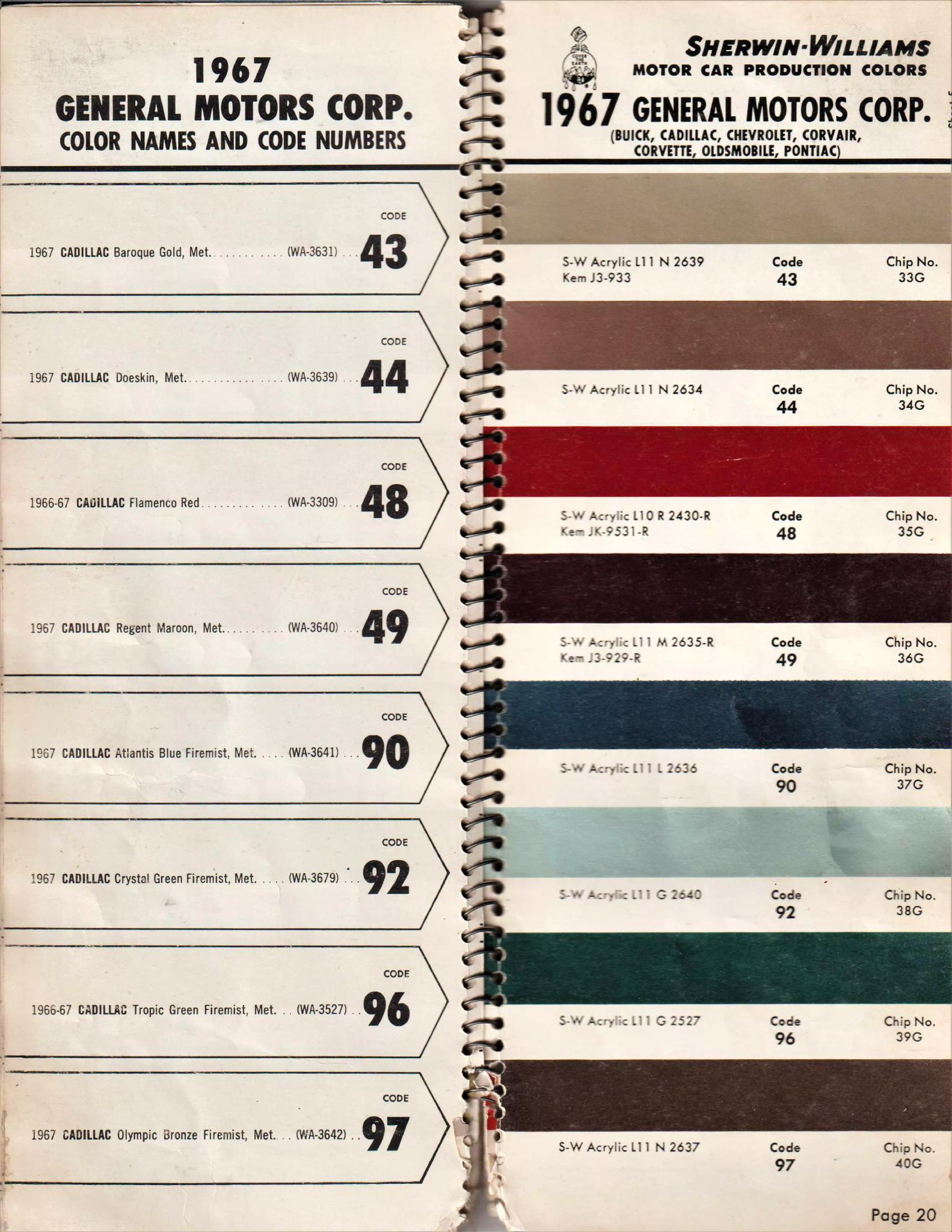1967 General Motors, Buick, Cadillac, Chevrolet, Corvair, Corvette, Oldsmobile, F-85, Pontiac & Tempest Paint Codes & Color Chart Paint color examples, their ordering codes, the oem color code, and vehicles the color was used on