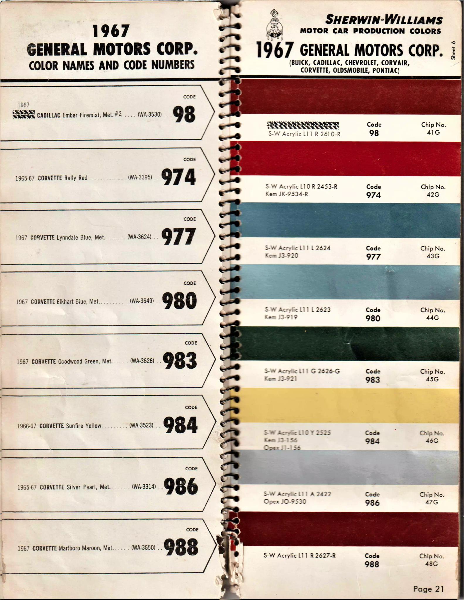 1967 General Motors, Buick, Cadillac, Chevrolet, Corvair, Corvette, Oldsmobile, F-85, Pontiac & Tempest Paint Codes & Color Chart Paint color examples, their ordering codes, the oem color code, and vehicles the color was used on