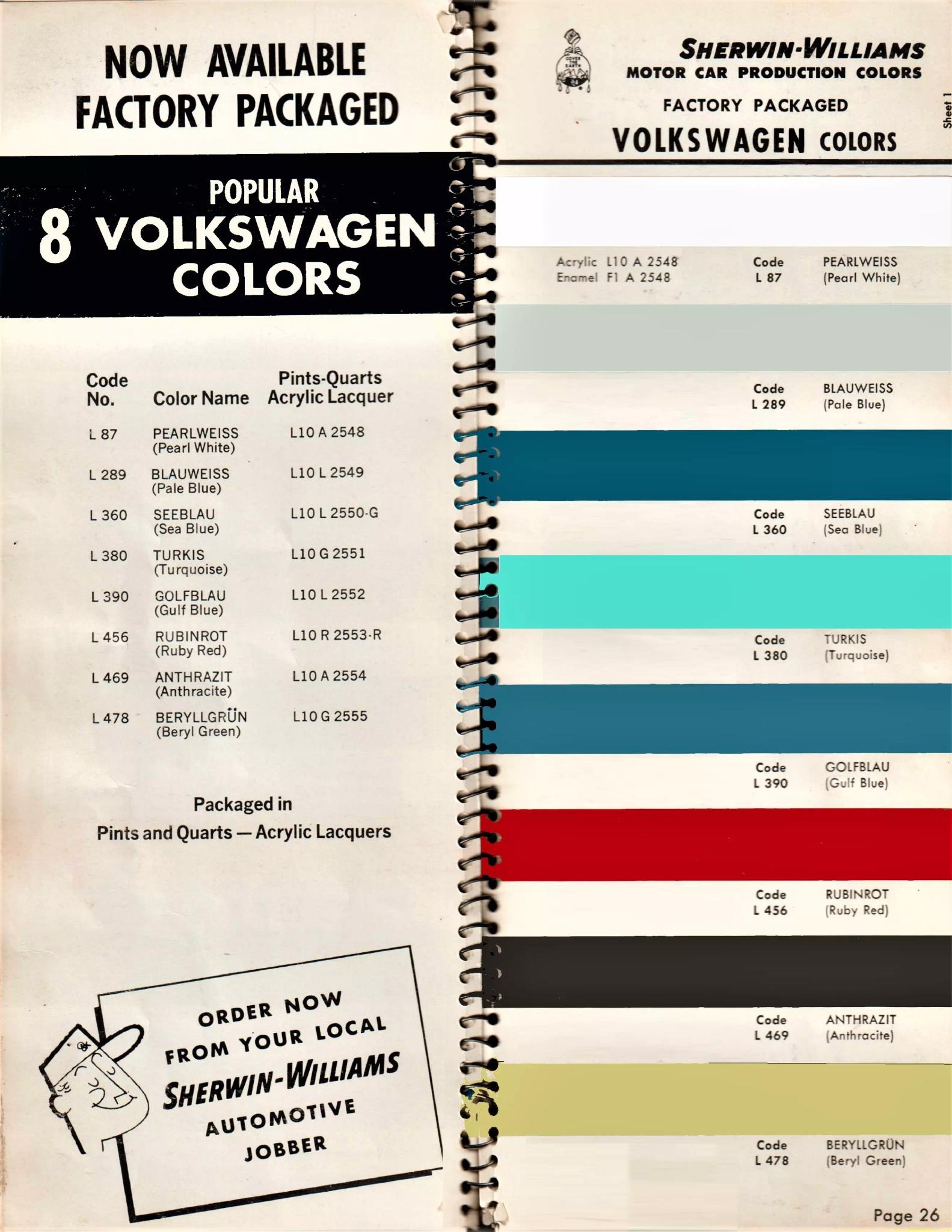 1967 Volkswagen Paint Codes & Color Chart Paint color examples, their ordering codes, the oem color code, and vehicles the color was used on