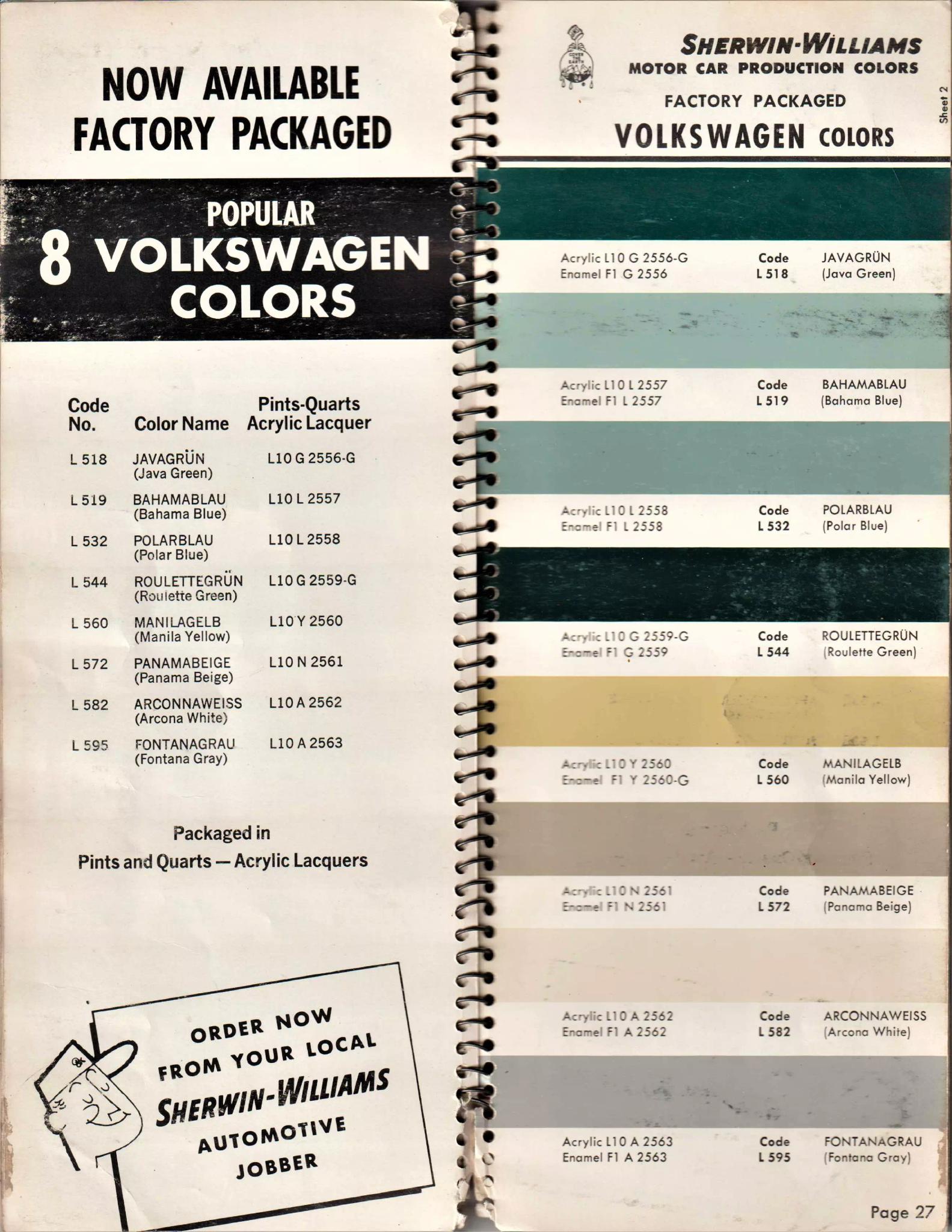 1967 Volkswagen Paint Codes & Color Chart Paint color examples, their ordering codes, the oem color code, and vehicles the color was used on