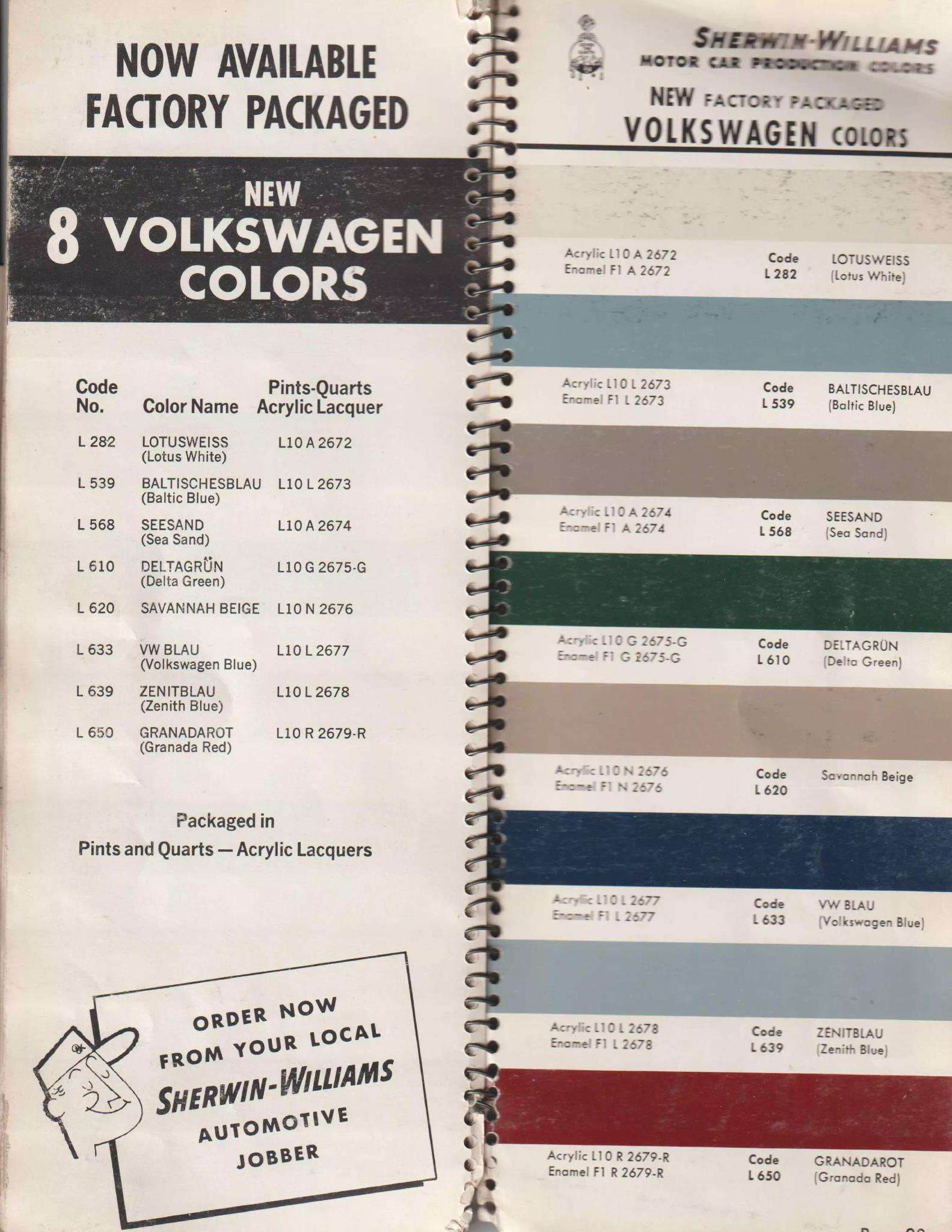 1967 Volkswagen Paint Codes & Color Chart Paint color examples, their ordering codes, the oem color code, and vehicles the color was used on