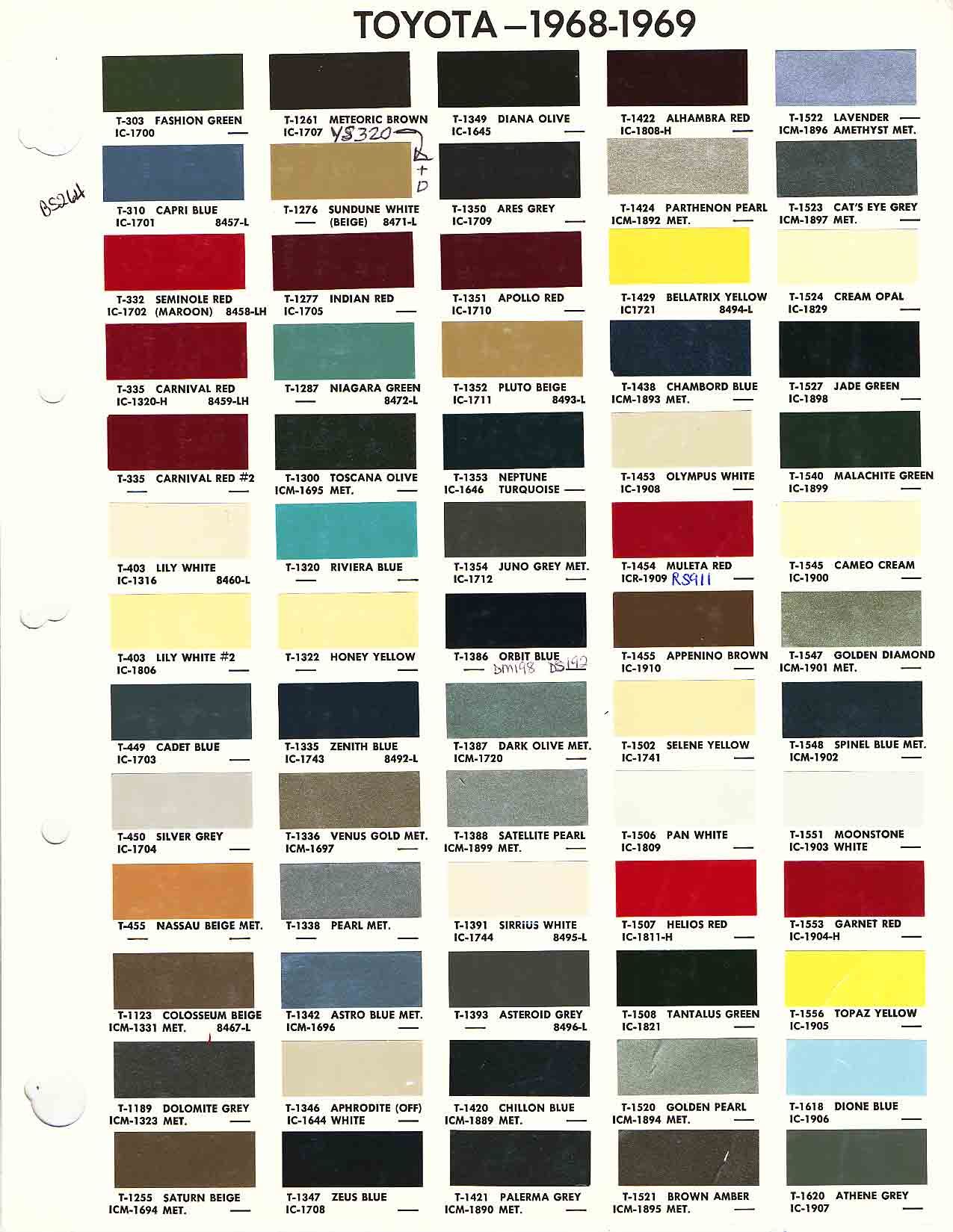 Toyota 1968-1969 Toyota Paint Codes, Toyota Color Chart