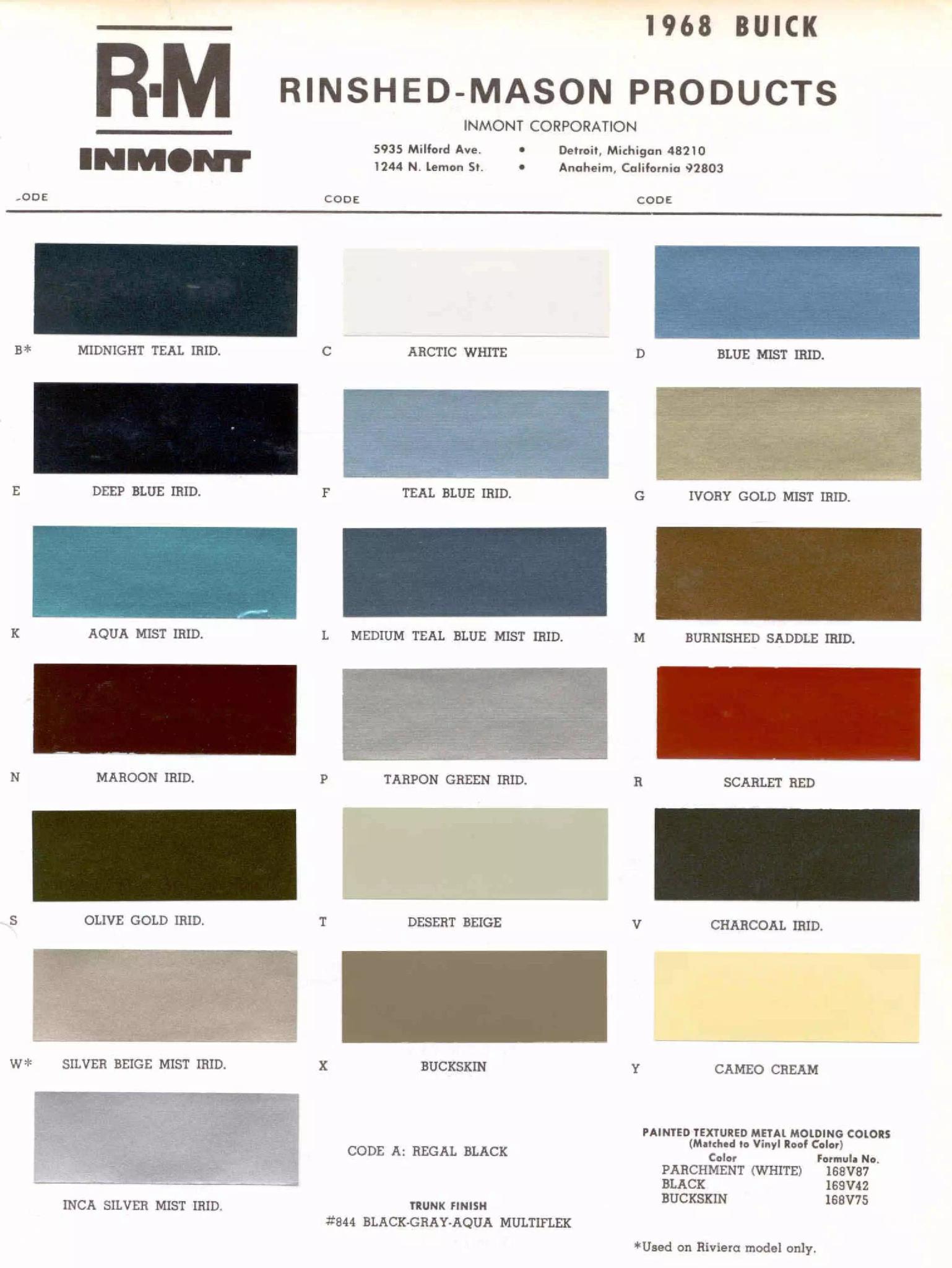 1968 Buick Paint Chart Buick color chart that contains color codes and paint swatches for the exterior color of a Buick vehicle.