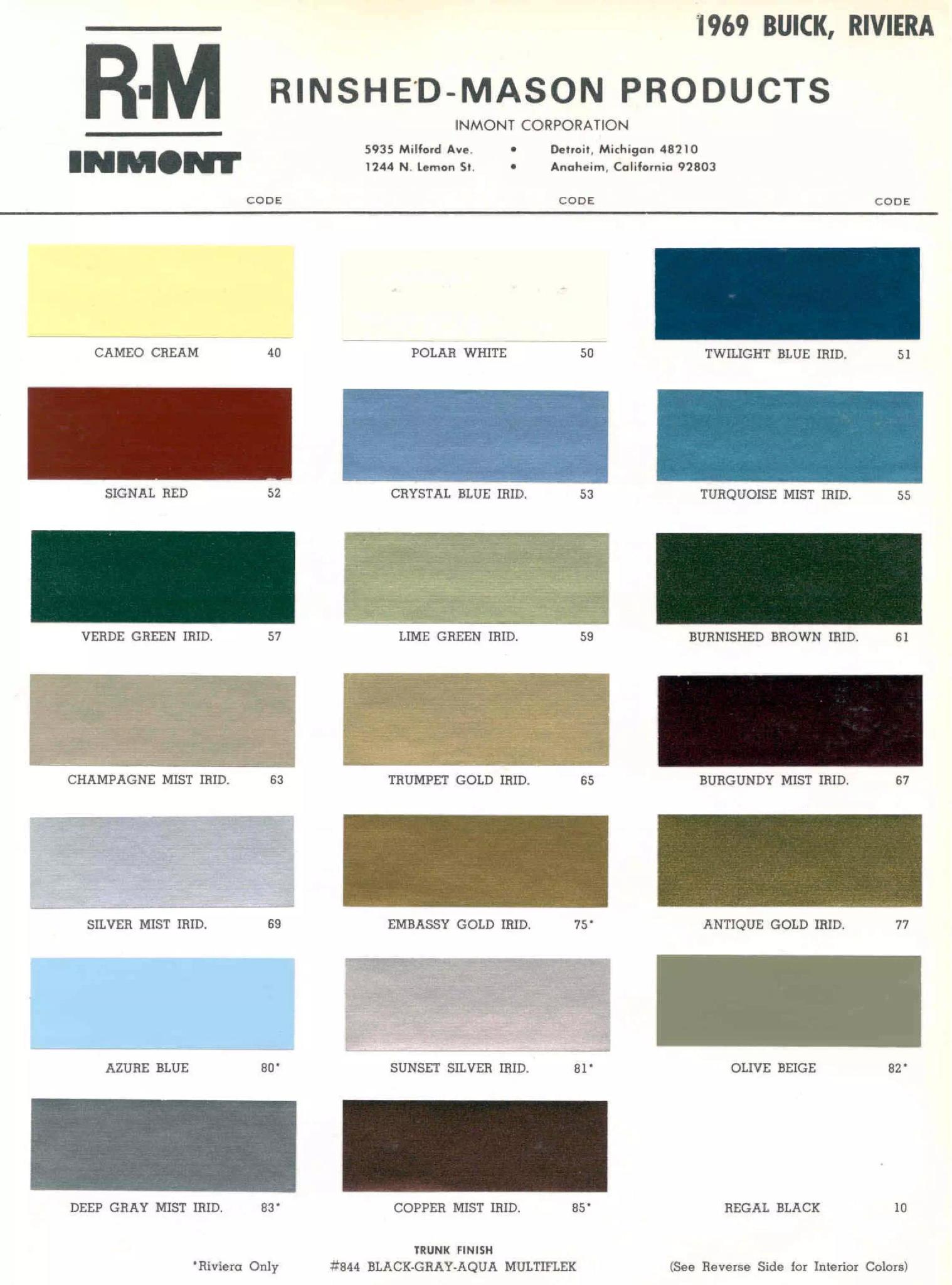 1969 Buick Paint Chart Buick color chart that contains color codes and paint swatches for the exterior color of a Buick vehicle.