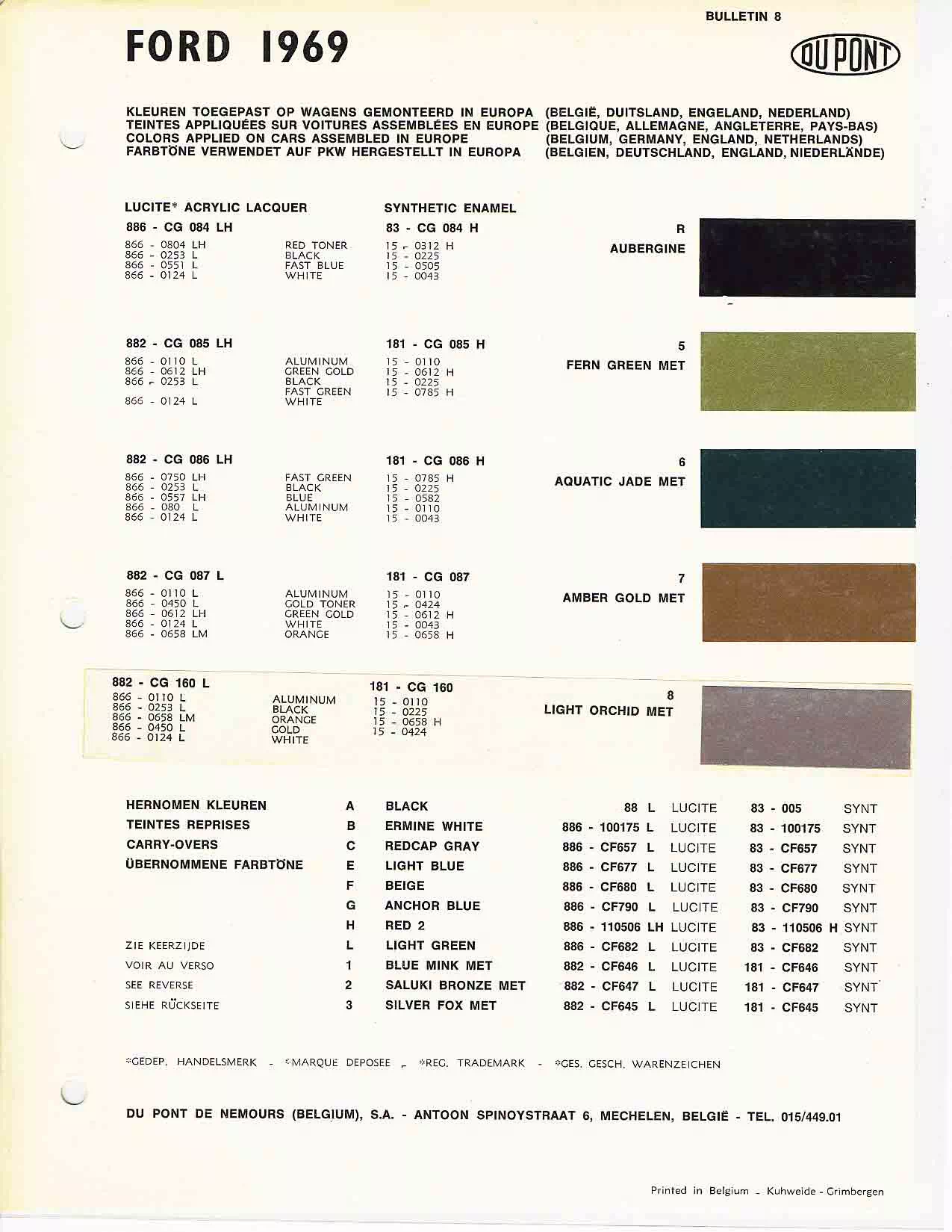 Color examples, Ordering Codes, OEM Paint Code, Color Swatches, and Color Names for the Ford Motor Company in 1969