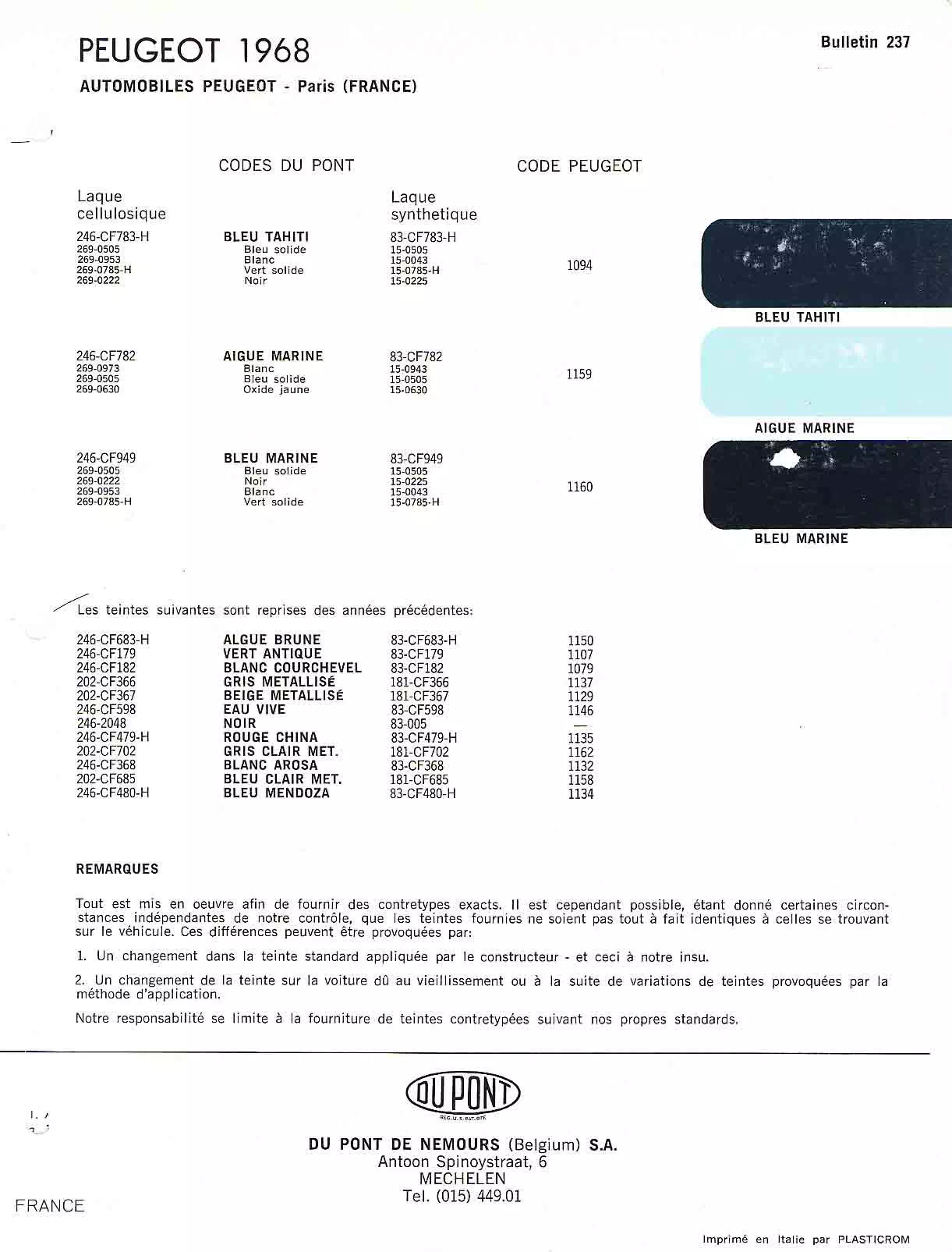 Paint color examples, their ordering codes, the oem color code, and vehicles the color was used on