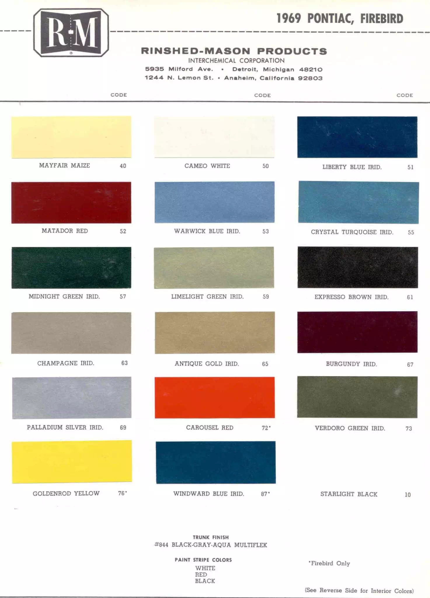 1969 General Motors GM Paint Codes and color examples