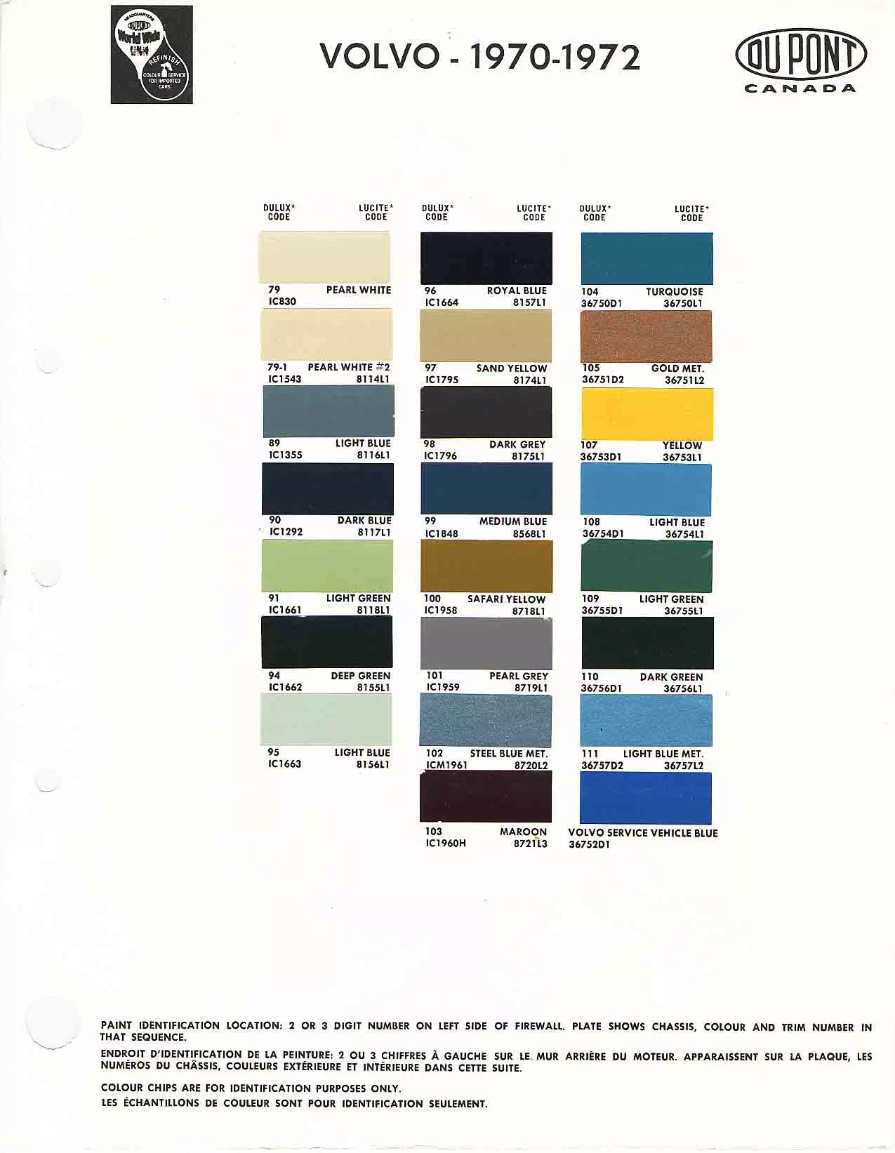 1970 Volvo Paint Codes & Color Chart Paint color examples, their ordering codes, the oem color code, and vehicles the color was used on