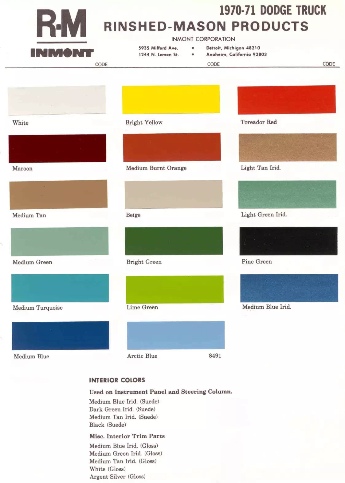 1970 Dodge Truck Paint Codes & Color Chart Paint color examples, their ordering codes, the oem color code, and vehicles the color was used on