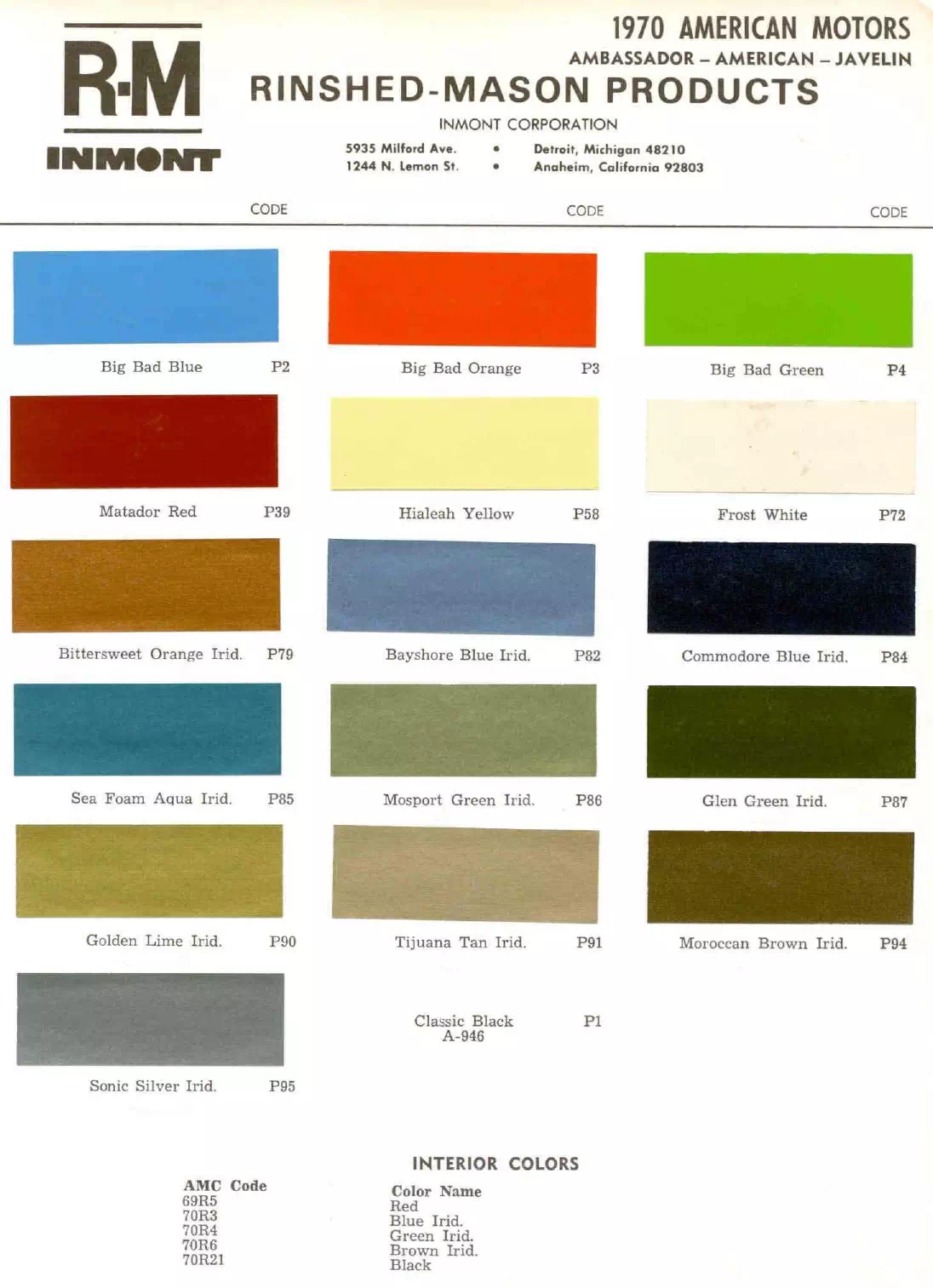 1970 American Motors Company Paint Codes & Color Chart Paint color examples, their ordering codes, the oem color code, and vehicles the color was used on