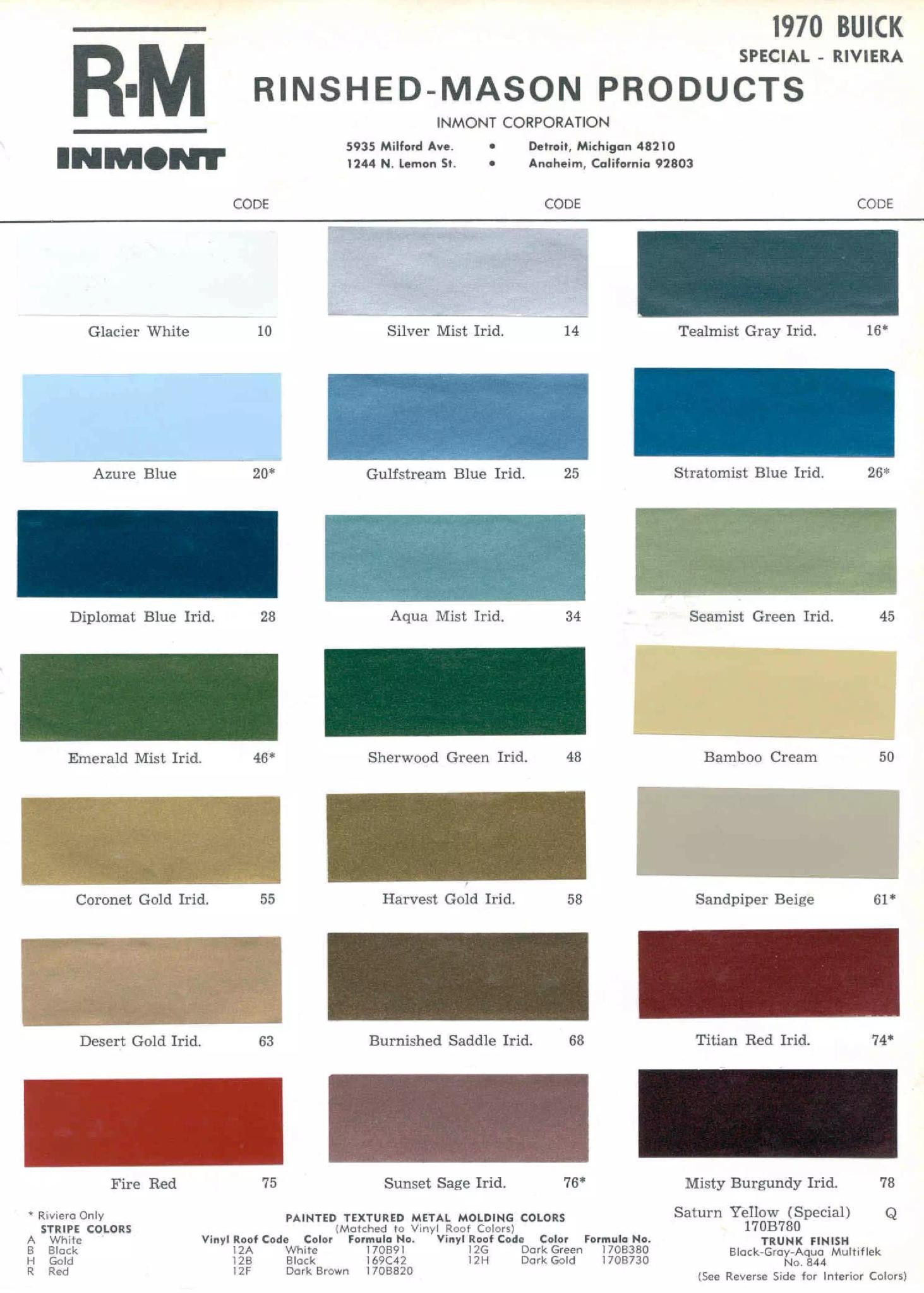 1970 Buick Paint Chart Buick color chart that contains color codes and paint swatches for the exterior color of a Buick vehicle.