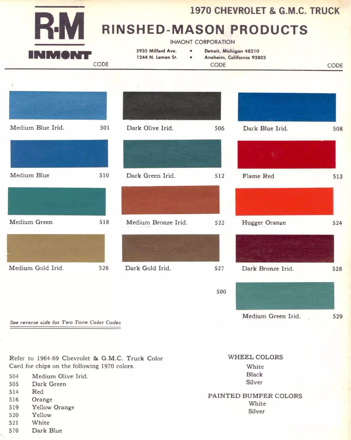 1970 Chevrolet & GMC Trucks Paint Codes & Color Chart Paint color examples, their ordering codes, the oem color code, and vehicles the color was used on