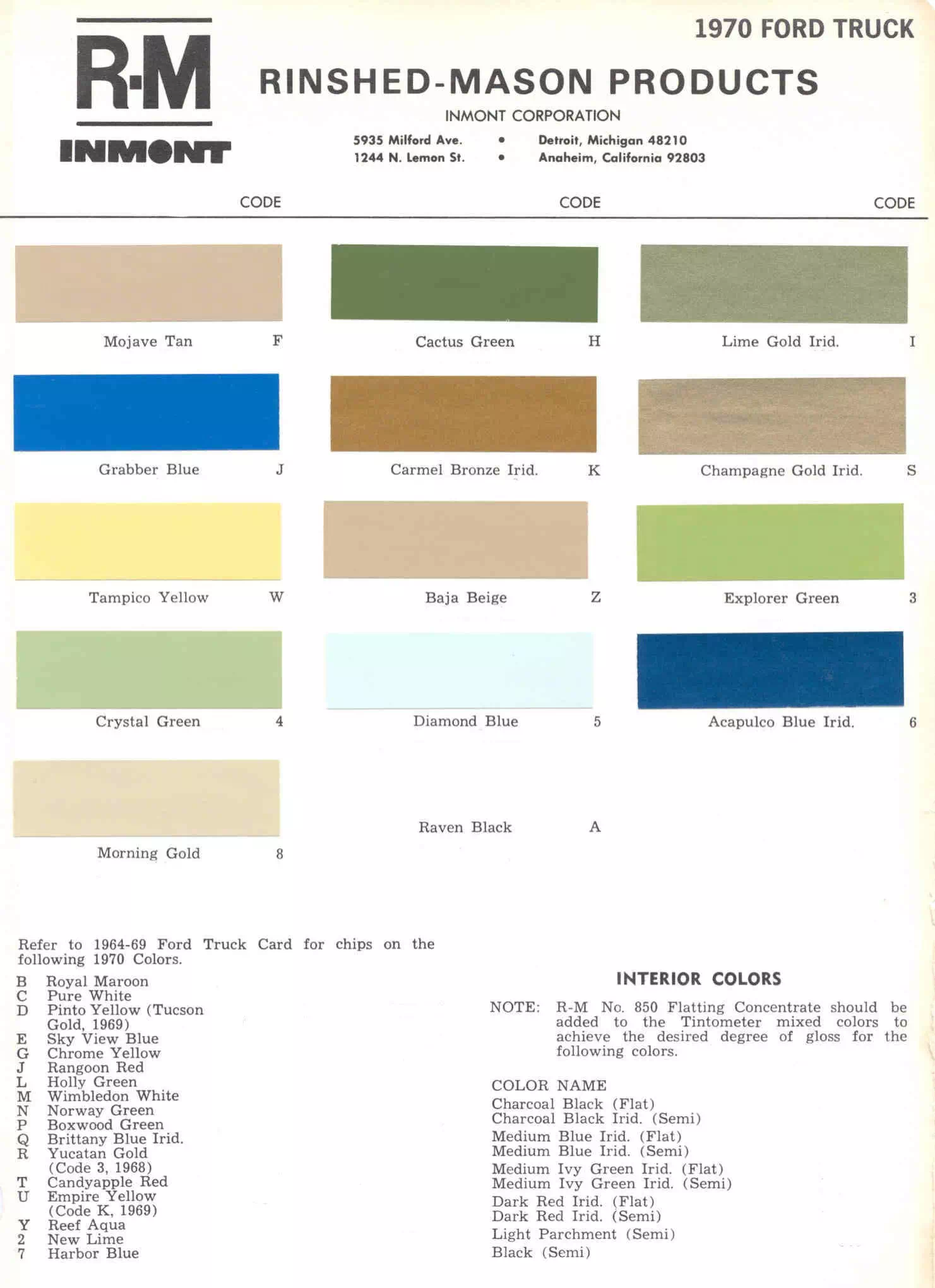 1970 Ford Truck Paint Chart color codes, color examples and ordering codes for the vehicle