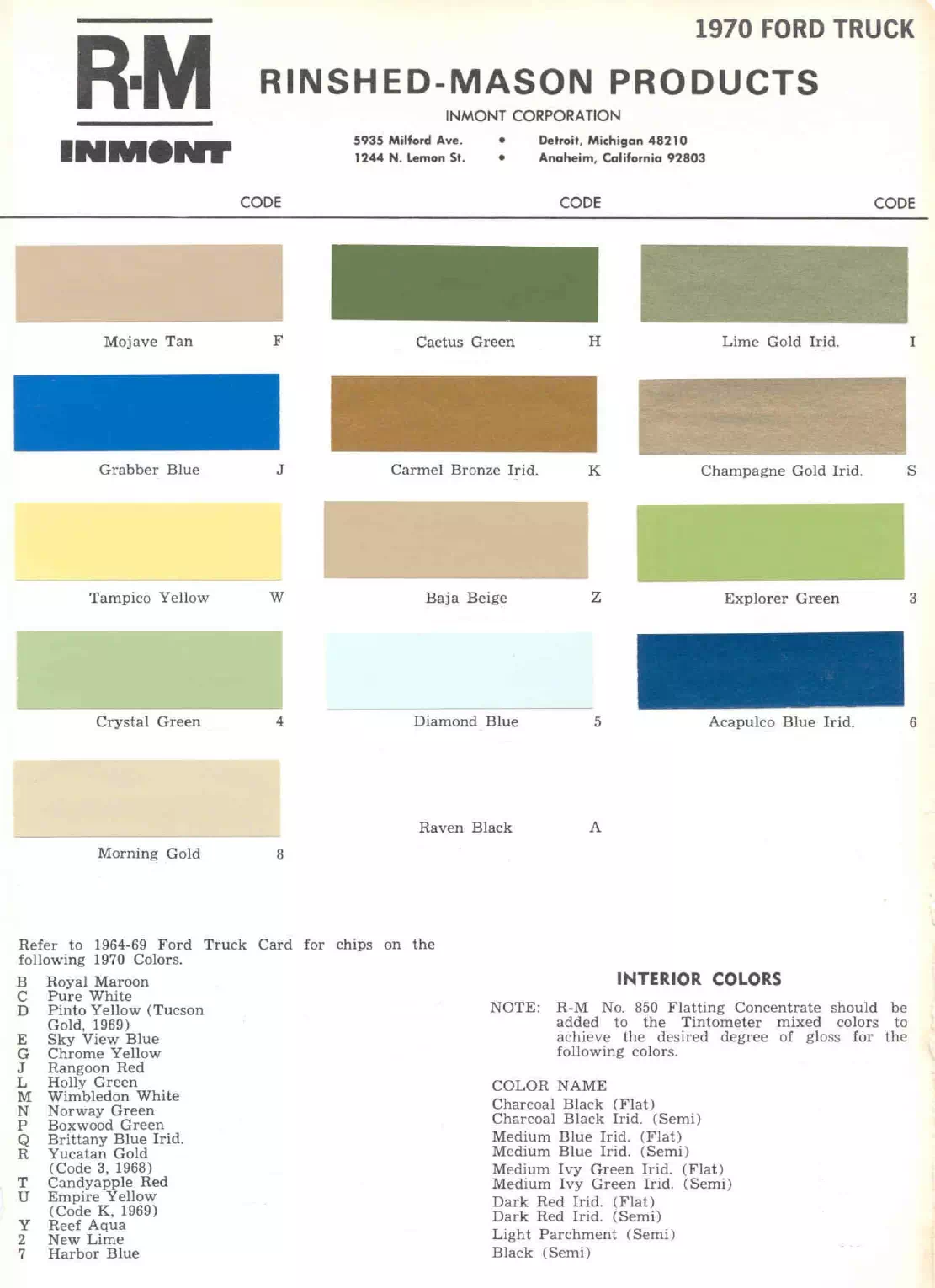 1970 Ford Truck Paint Codes & Color Chart