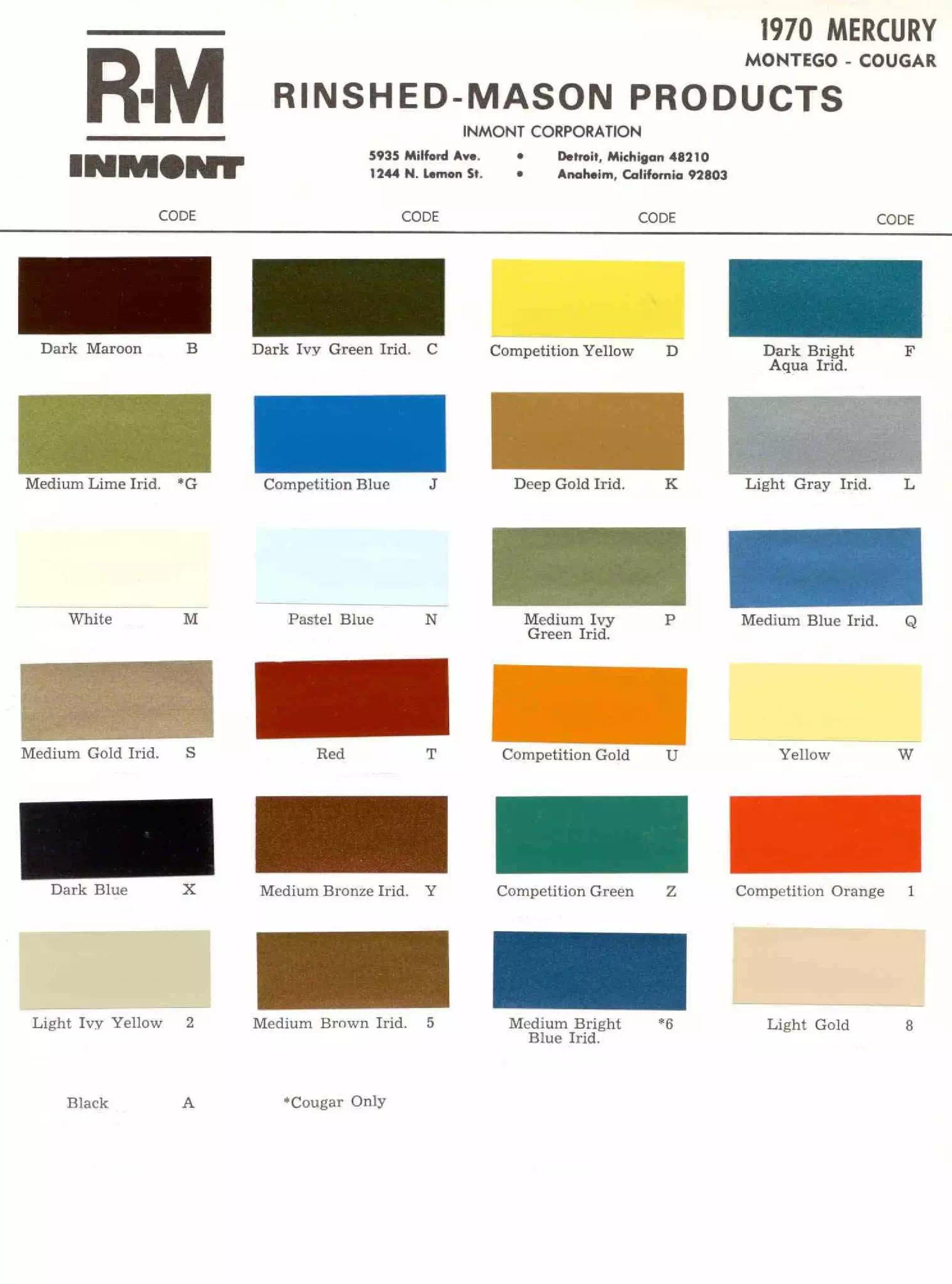 1970 Mercury Paint Chart and Paint Codes Color examaples and the codes to look them up to get touch up paint or respray for Mercury Vehicles