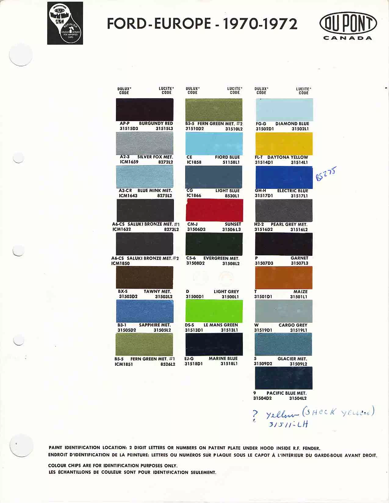 1970 - 1972 Ford Europe Paint Chart color codes, color examples and ordering codes for the vehicle