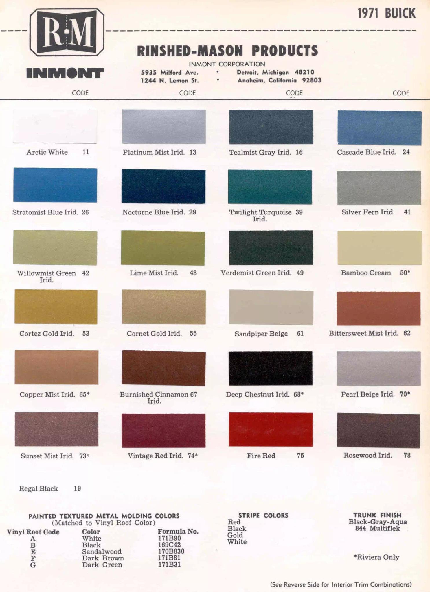 1971 Buick Paint Chart Buick color chart that contains color codes and paint swatches for the exterior color of a Buick vehicle.