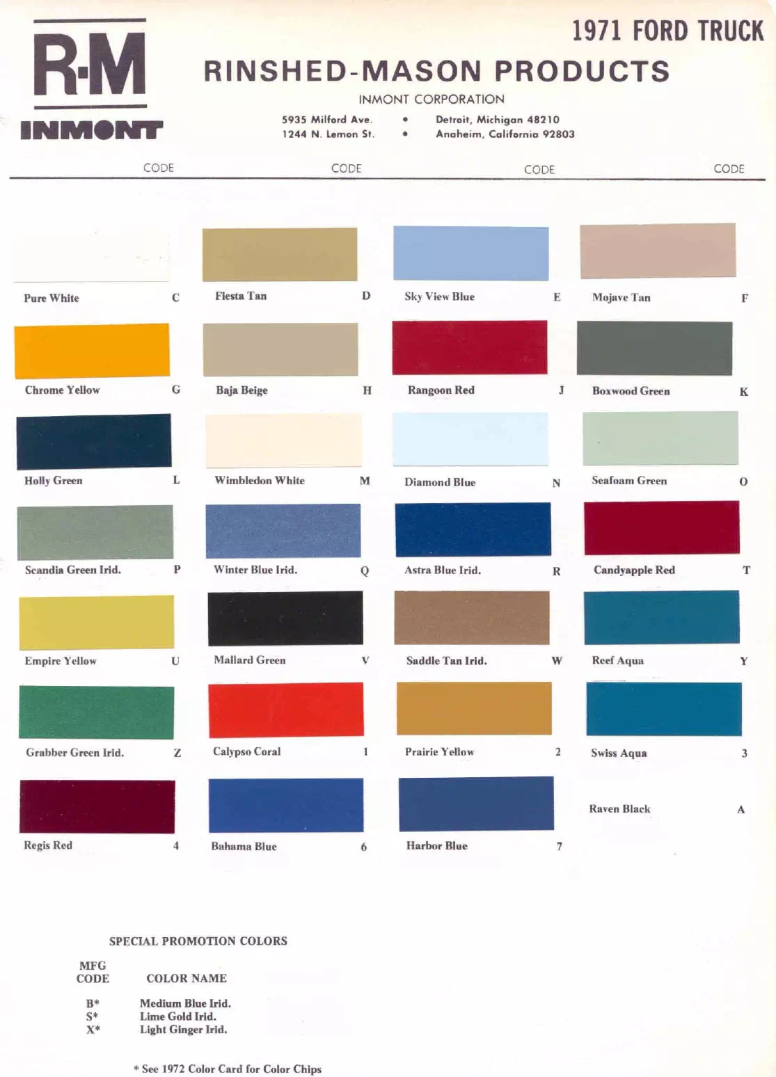 Paint color examples, their ordering codes, the oem color code, and vehicles the color was used on