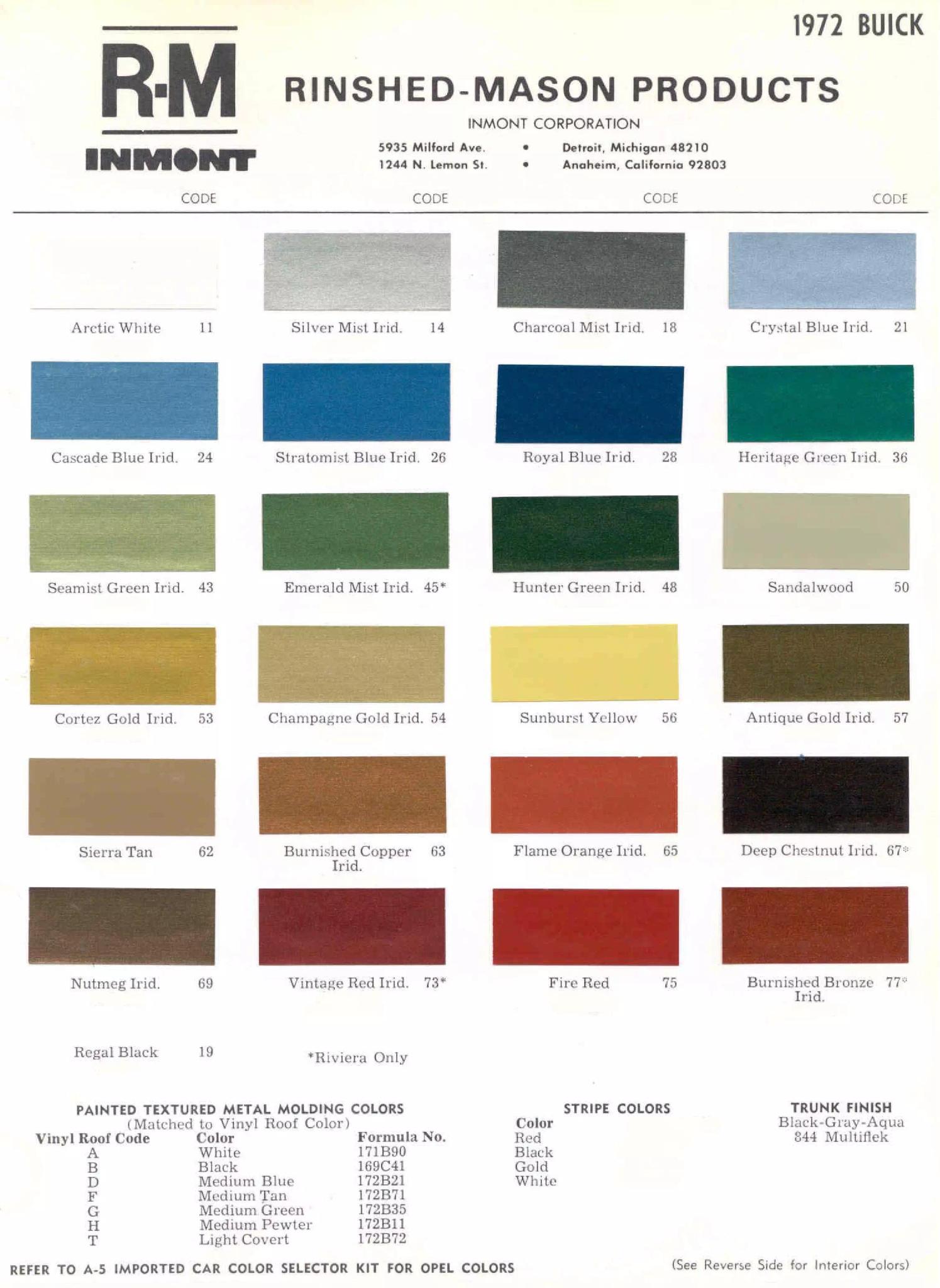 1972 Buick Paint Chart Buick color chart that contains color codes and paint swatches for the exterior color of a Buick vehicle.