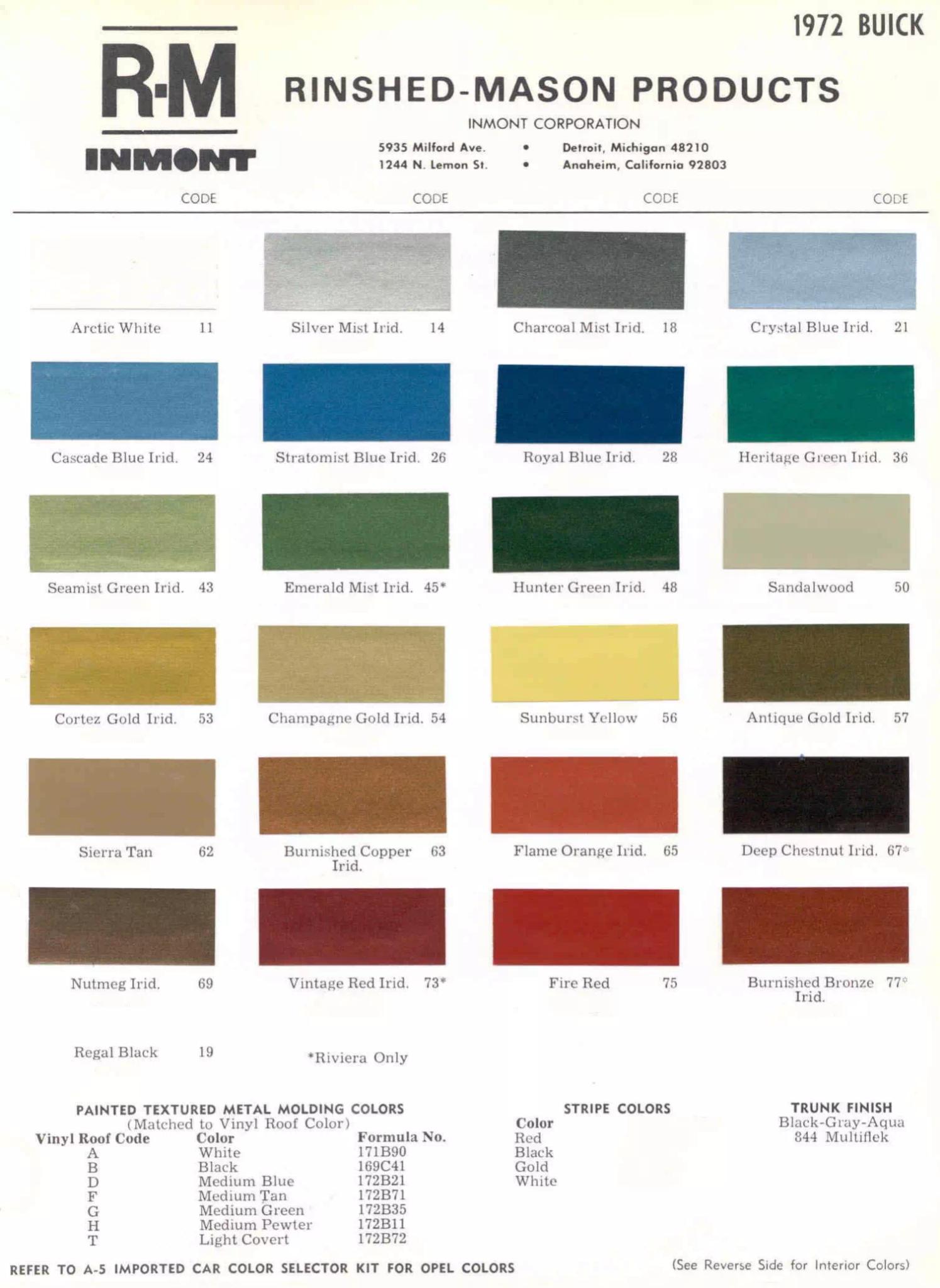 Color Codes and Color Swatch Examples of the Oem Paint from 1972