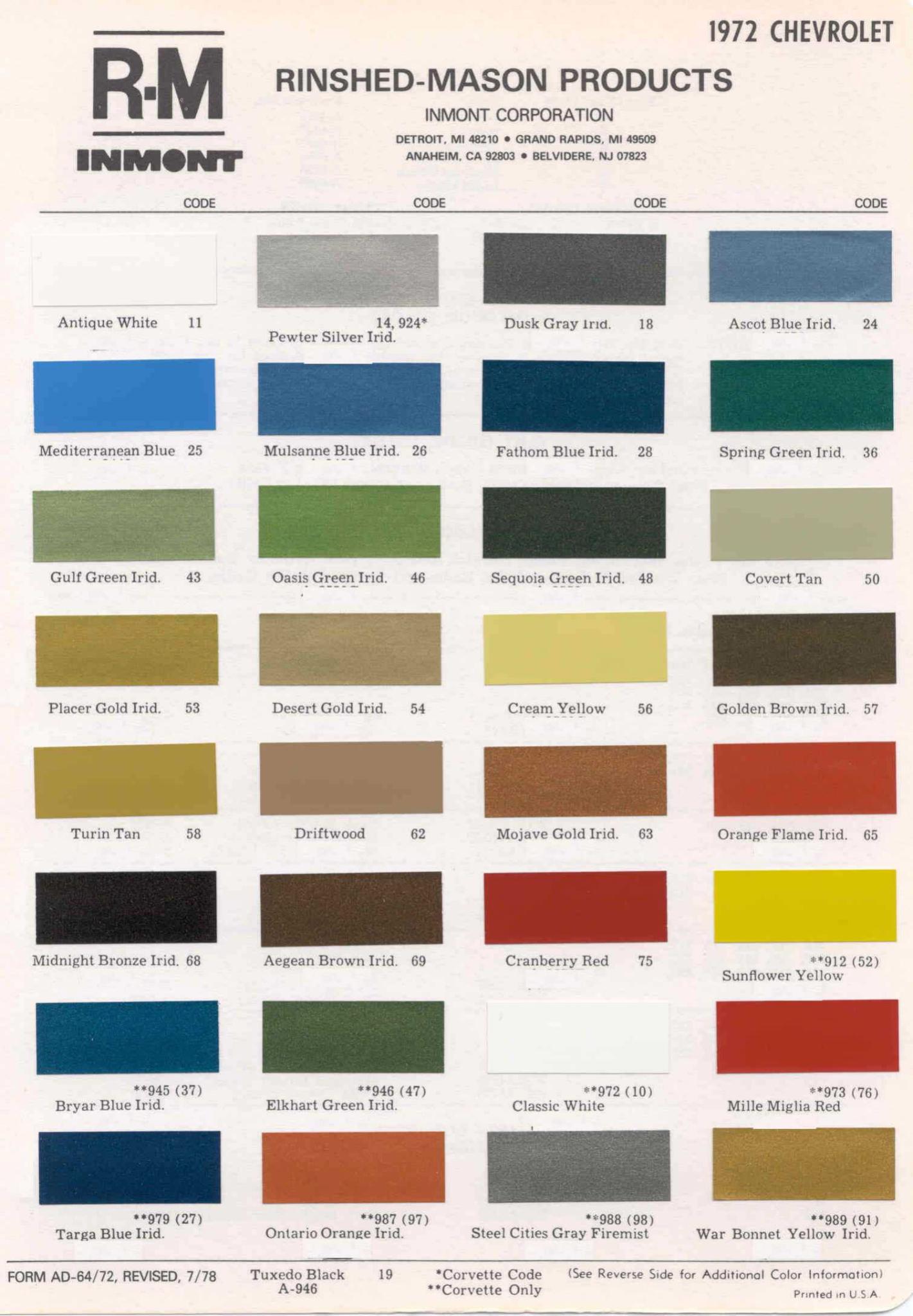 Exterior Colors and Codes used on Chevrolet in 1972 