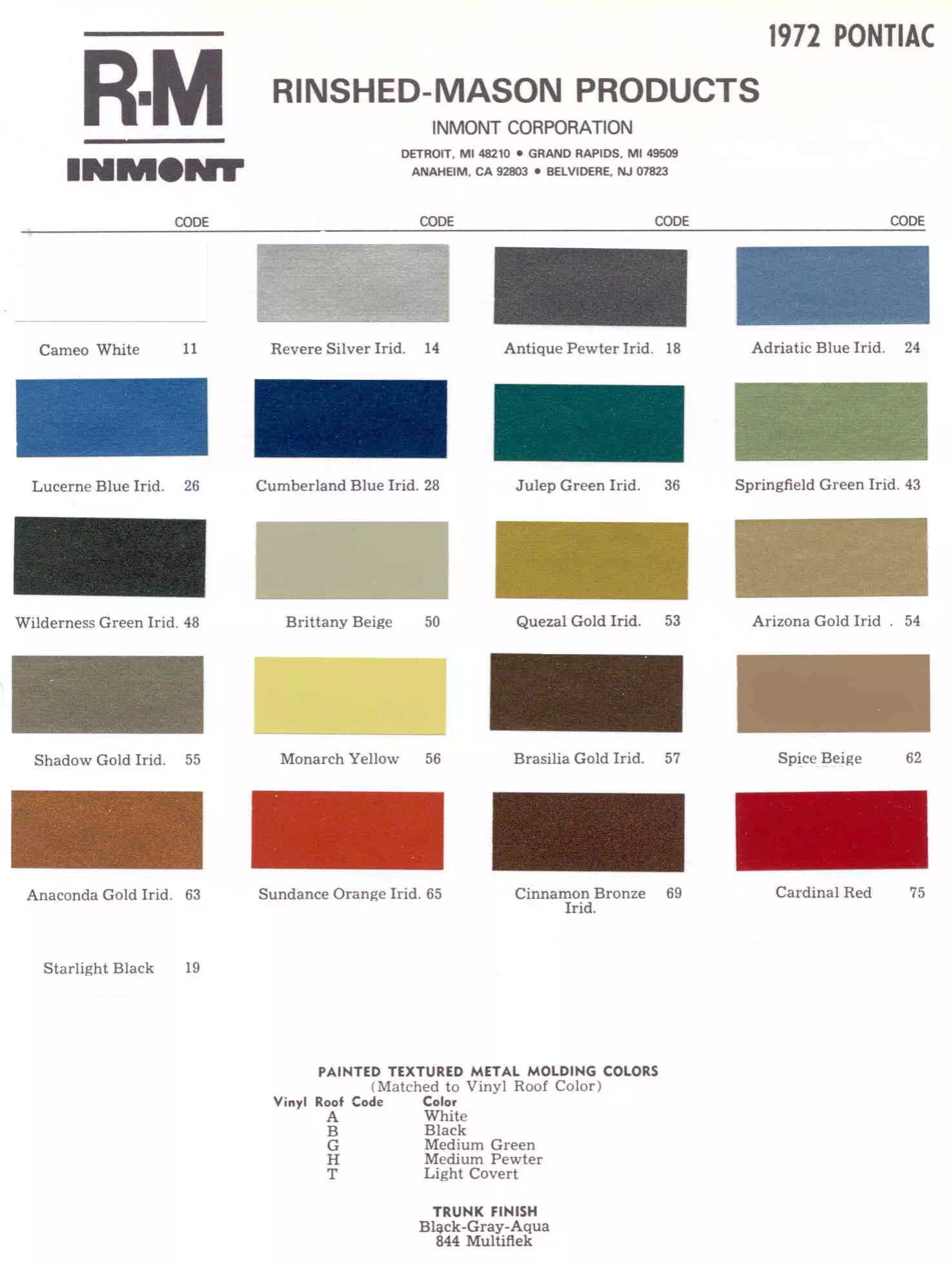 Chart that shows the Colors used on Pontiac Vehicles and the Code to look them up.