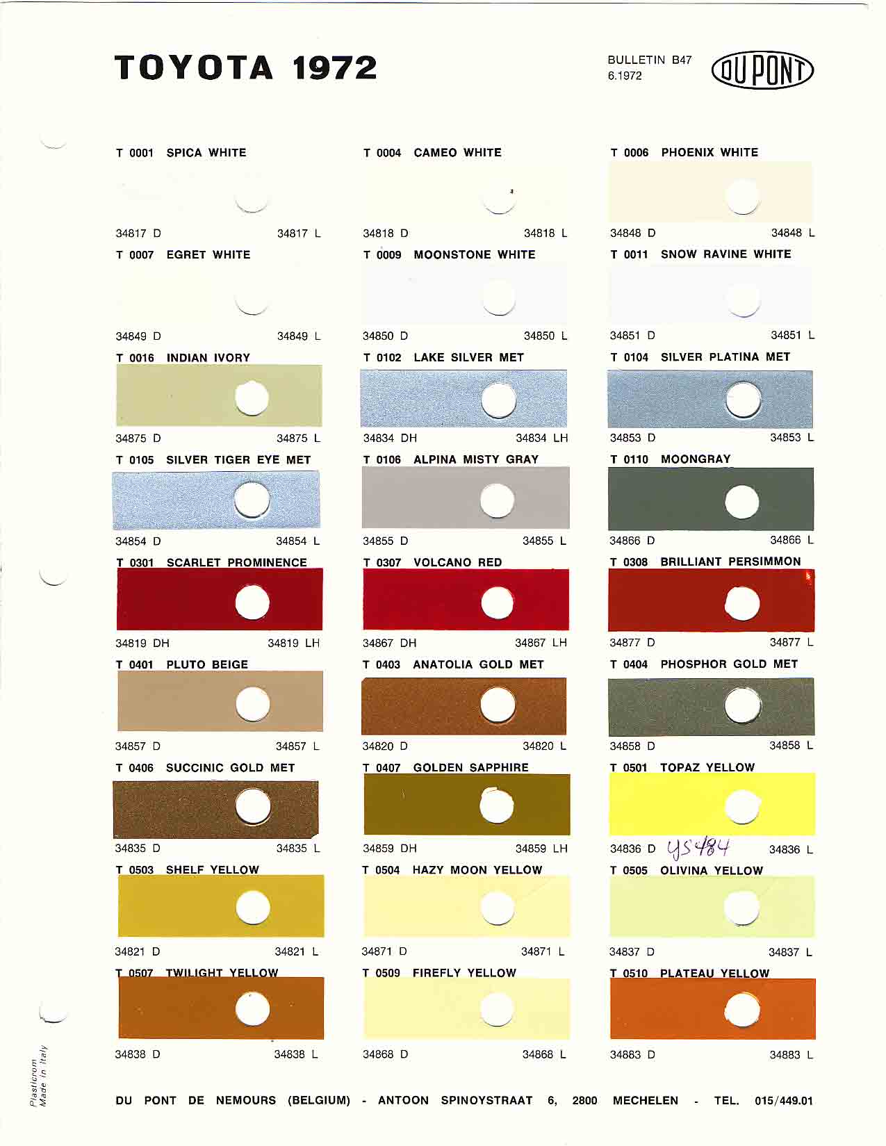 Toyota 1972 Toyota Paint Codes, Toyota Color Chart