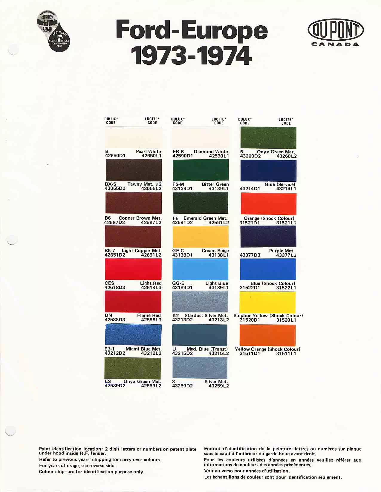 1973 Ford EU Paint Chart color codes, color examples and ordering codes for the vehicle