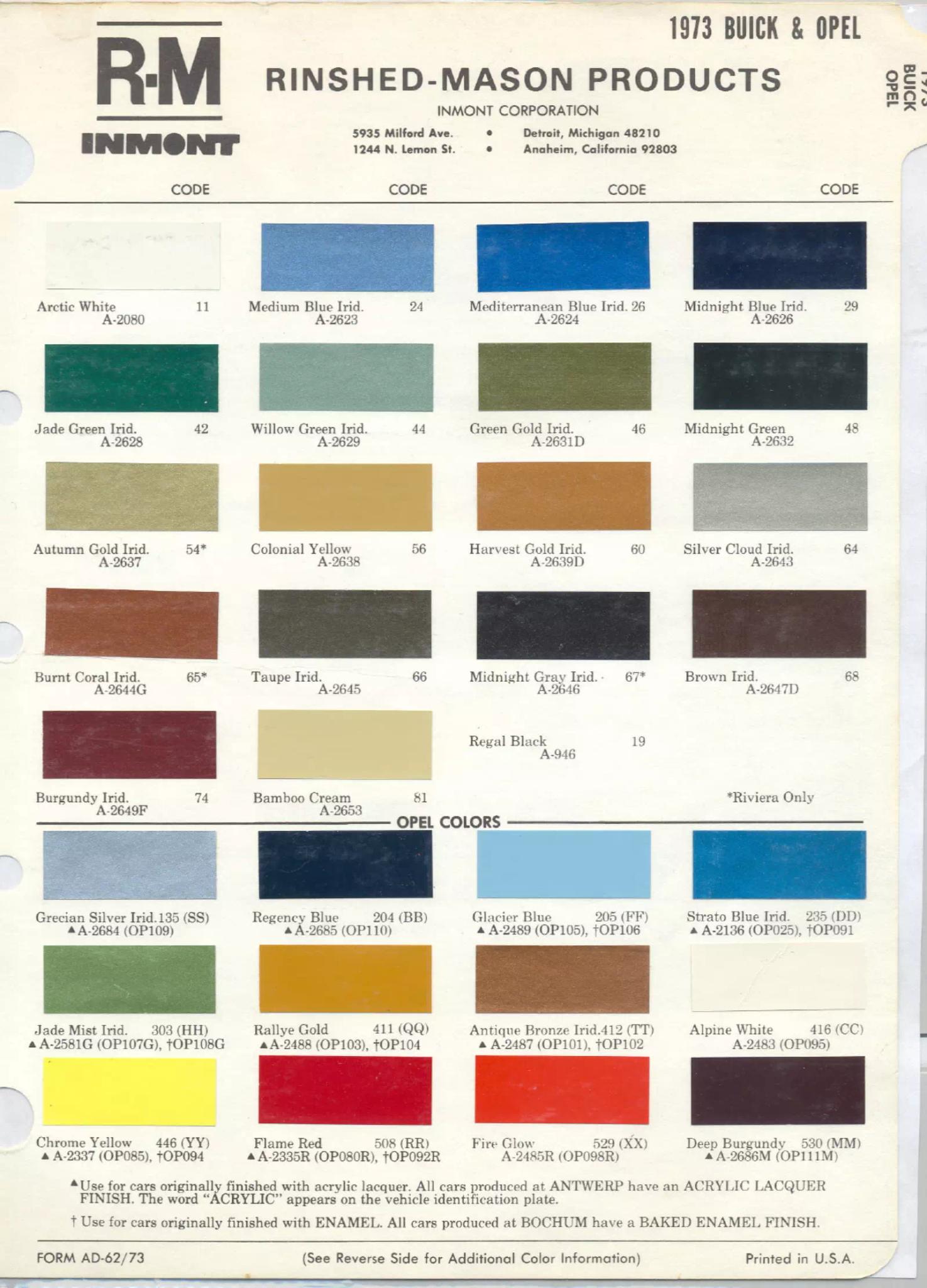 1973 Buick and Opel Paint Chart Buick color chart that contains color codes and paint swatches for the exterior color of a Buick vehicle.
