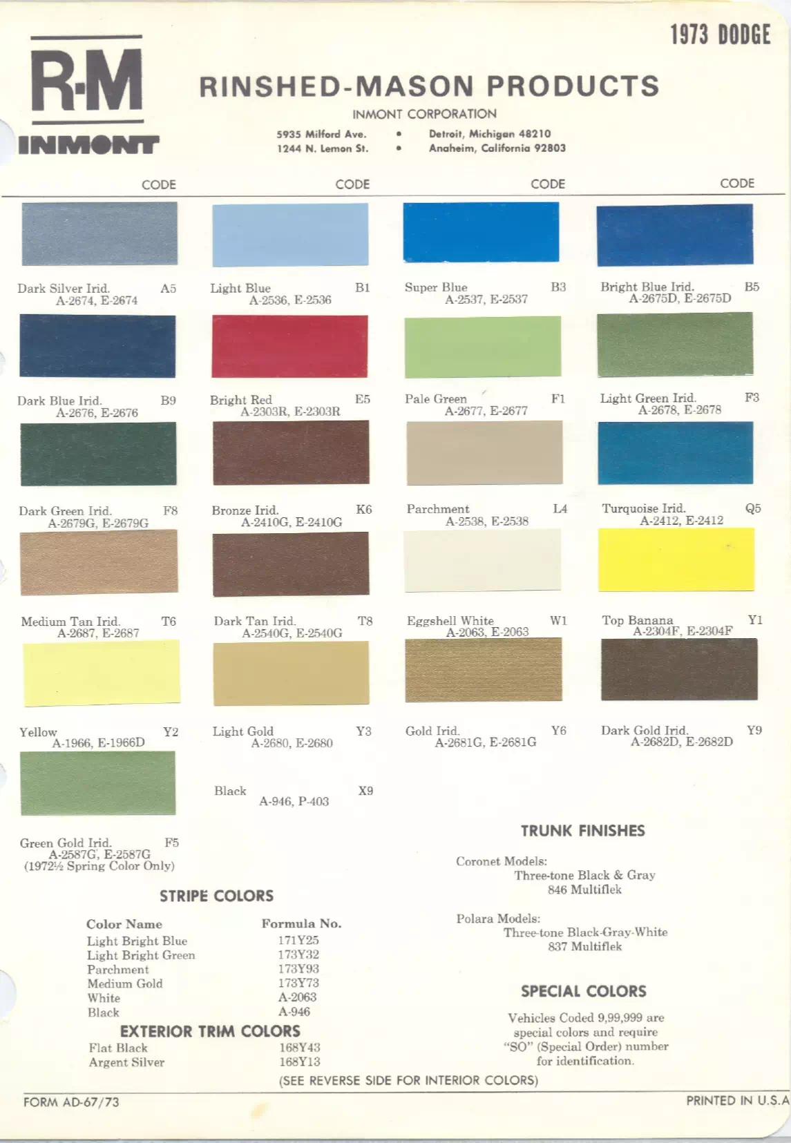 Paint color examples, their ordering codes, the oem color code, and vehicles the color was used on