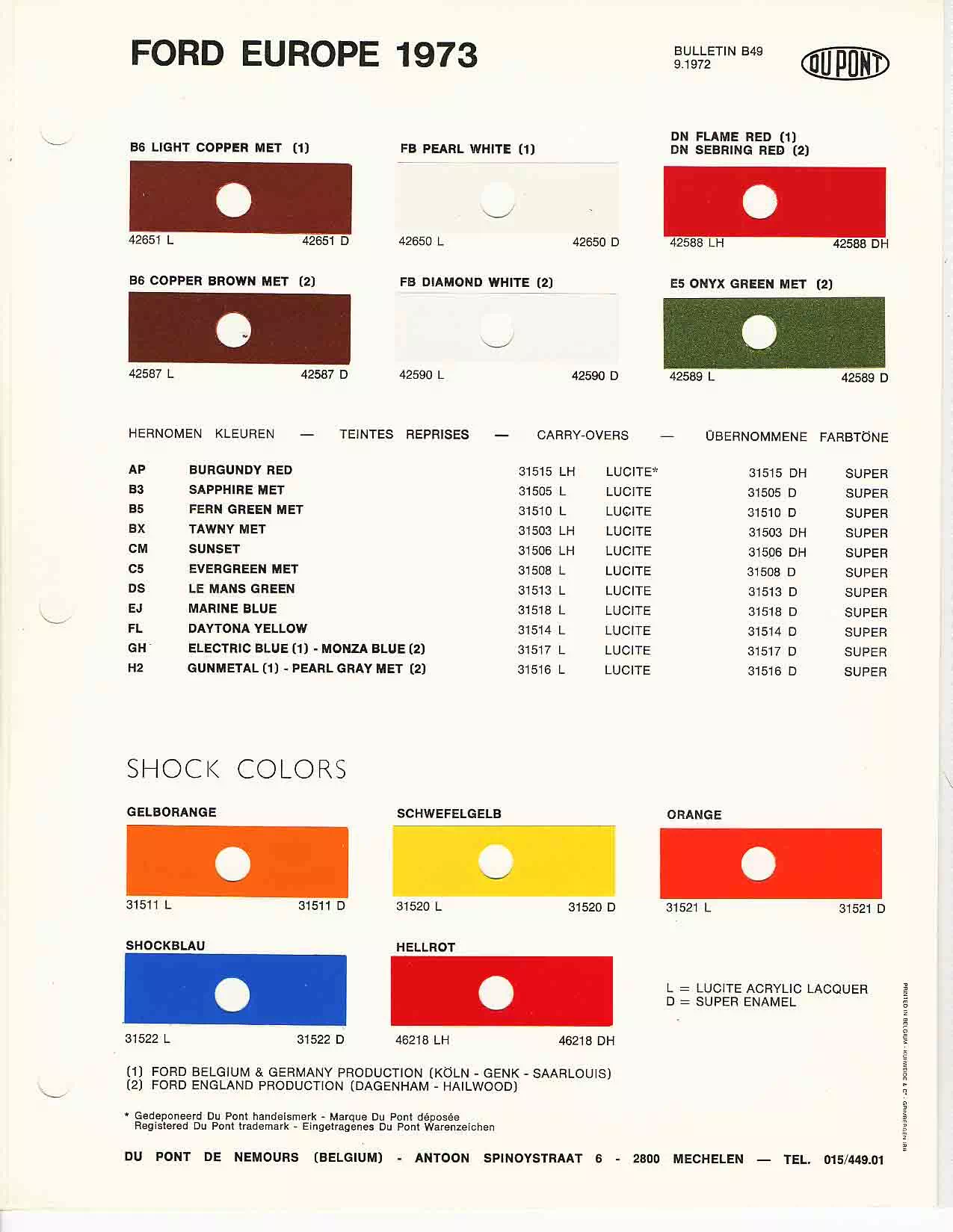 1973 Ford EU Paint Chart color codes, color examples and ordering codes for the vehicle