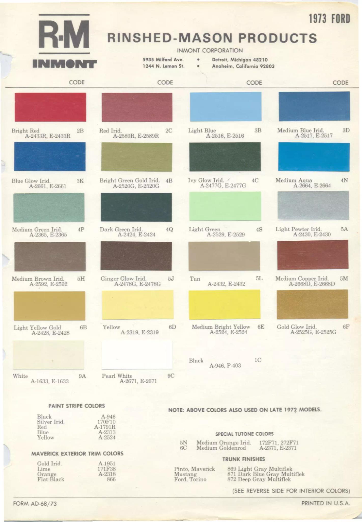 1973 Ford Paint Chart and Color Codes color codes, color examples and ordering codes for the vehicle
