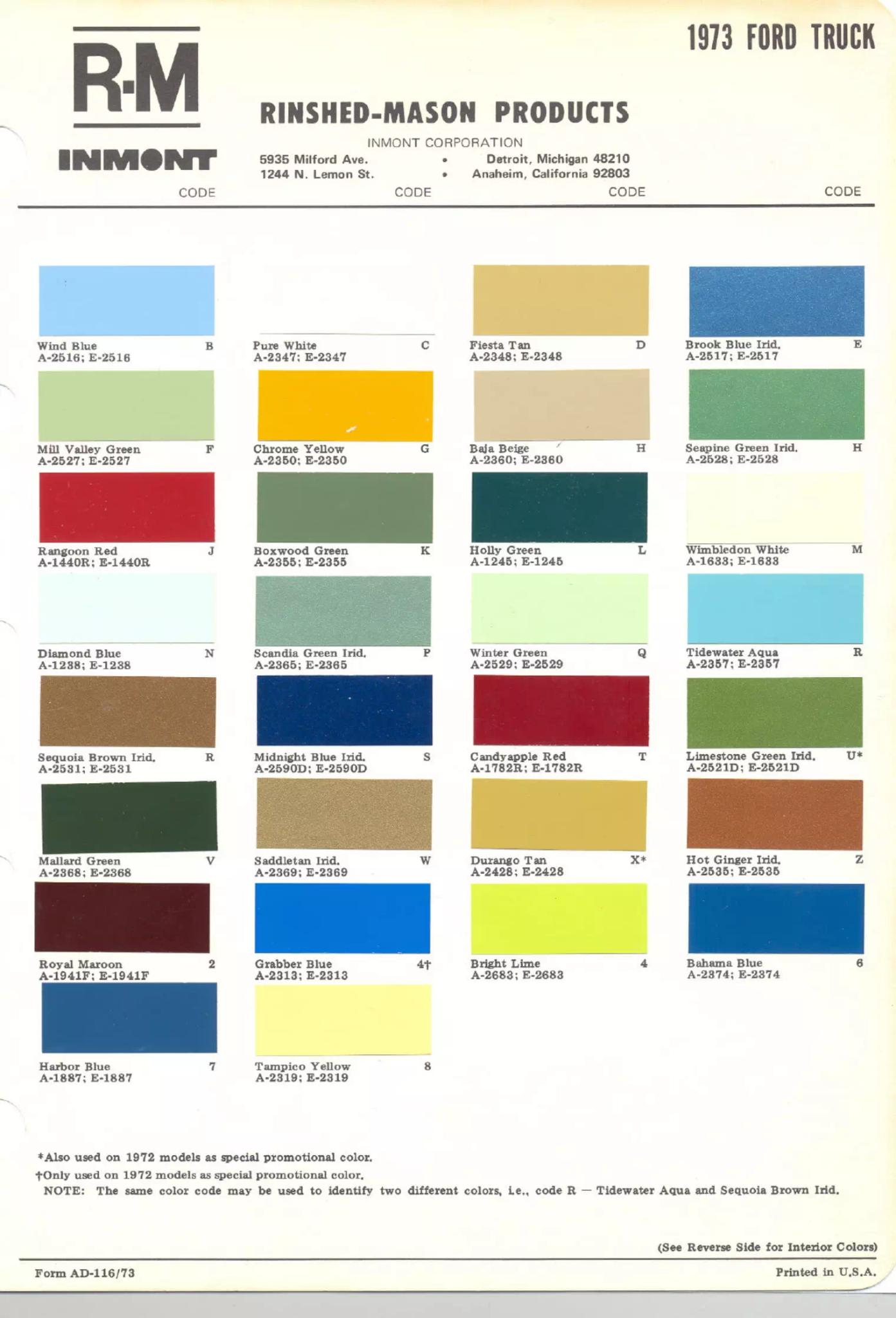 1973 Ford Truck Paint Chart and Color Codes color codes, color examples and ordering codes for the vehicle