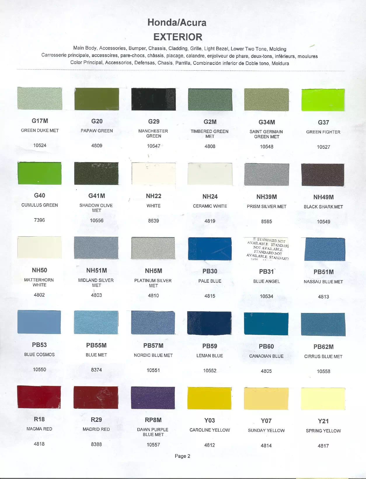 Exterior paint chips and their ordering codes for Honda Vehicles