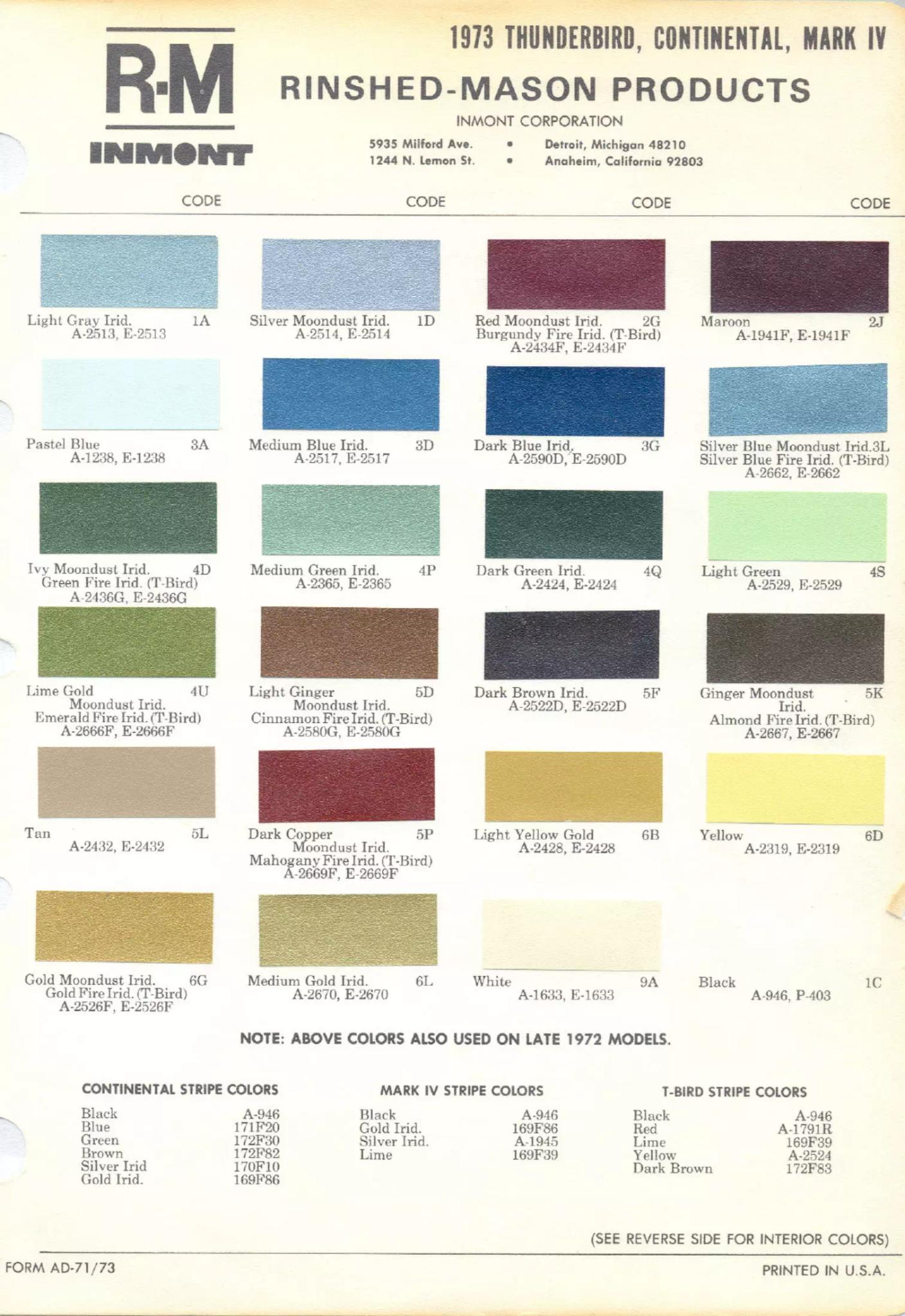 1973 Thunderbird & Lincoln Paint Chart color codes, color examples and ordering codes for the vehicle