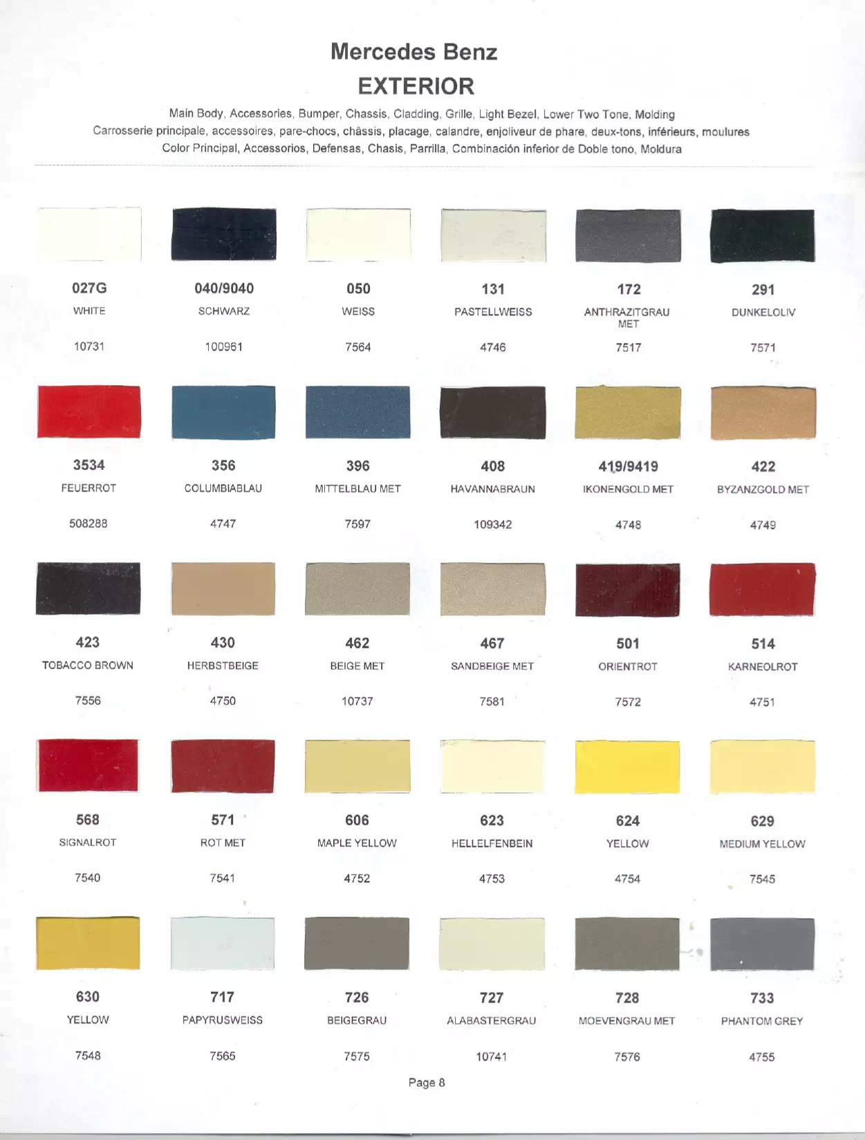 Color swatches that represent colors used on Mercedes Benz automobiles.  Color codes, Paint swatches, Ordering Stock numbers  and Color Names for Mercedes Benz automobiles.