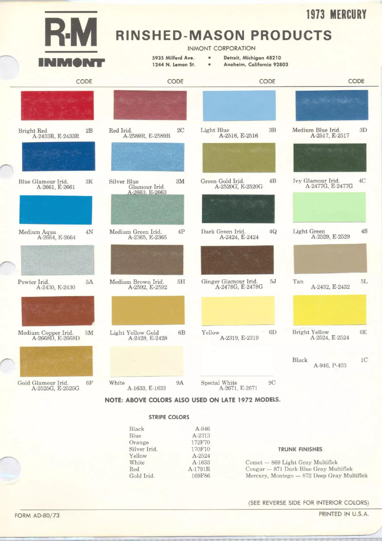 1973 Mercury Paint Codes and Color Chart color codes, color examples and ordering codes for the vehicle