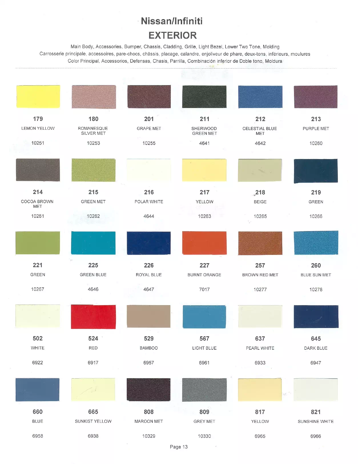 Exterior paint colors for Nissan and Infiniti vehicles and their ordering codes and stock numbers