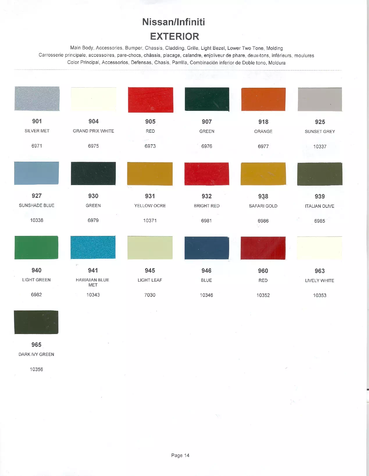 Exterior paint colors for Nissan and Infiniti vehicles and their ordering codes and stock numbers