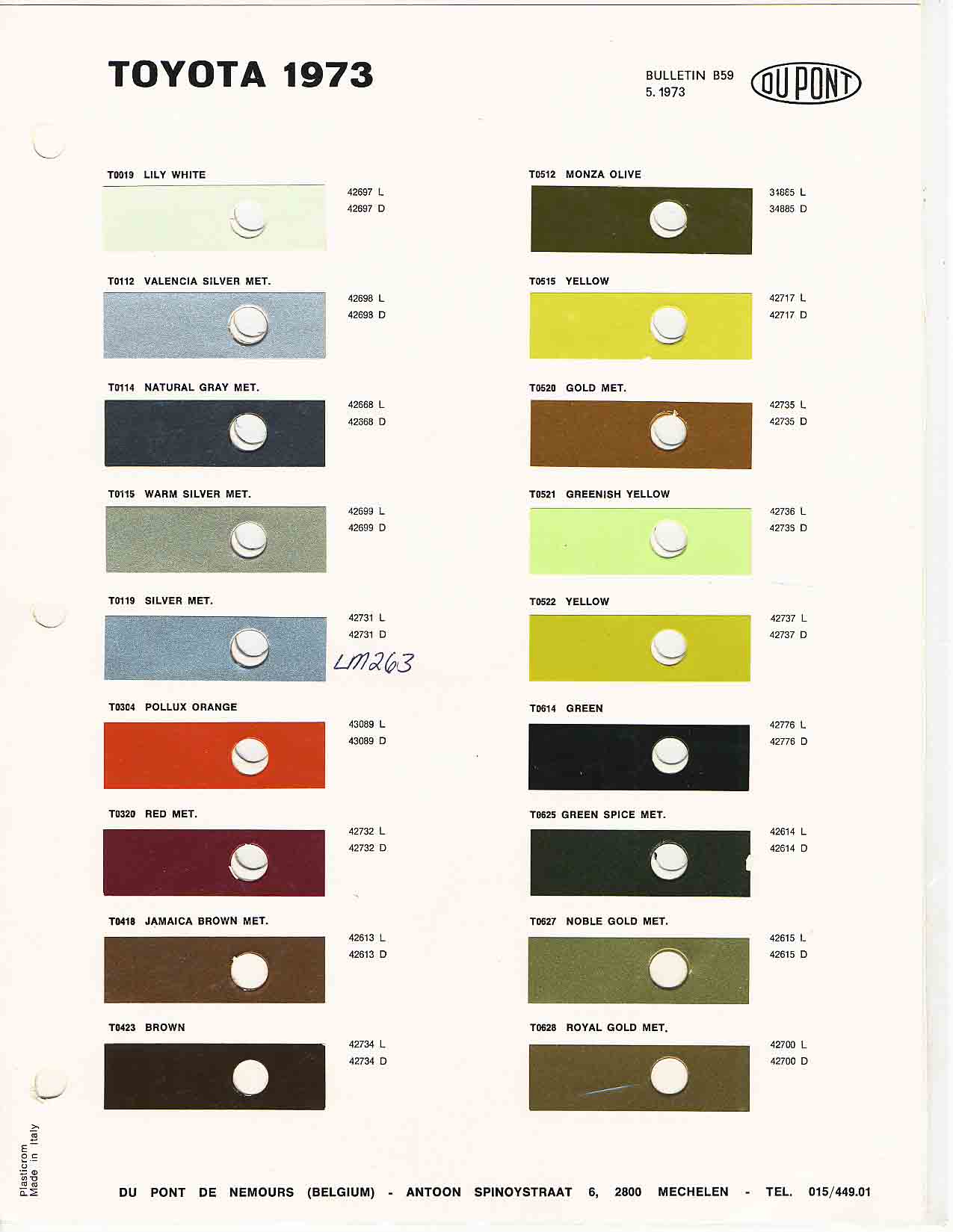 Toyota 1973 Toyota Paint Codes, Toyota Color Chart
