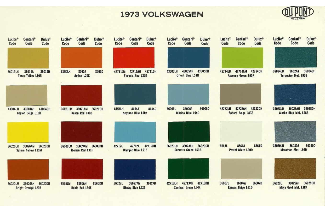 1973 Volkswagen and Audi Paint Color Chart